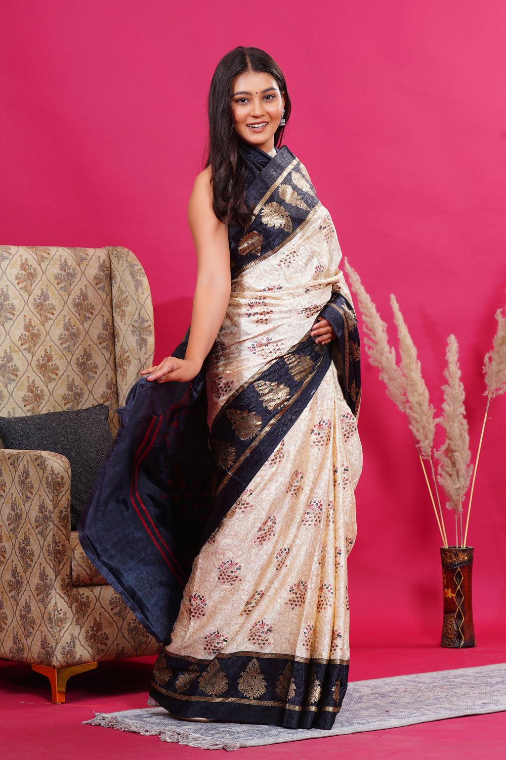 Black Golden Kalash Peacock Silk Saree