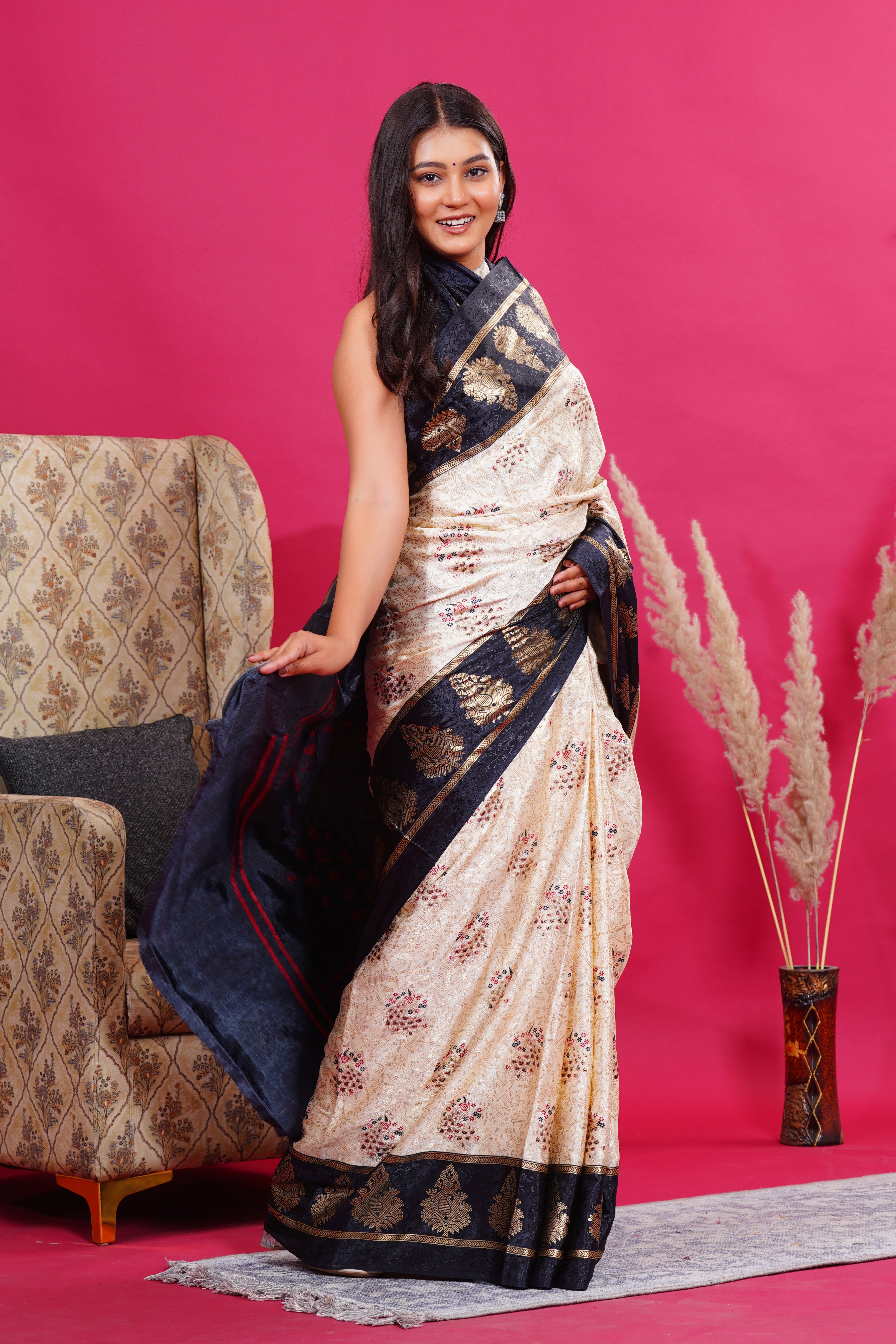 Black Golden Kalash Peacock Silk Saree