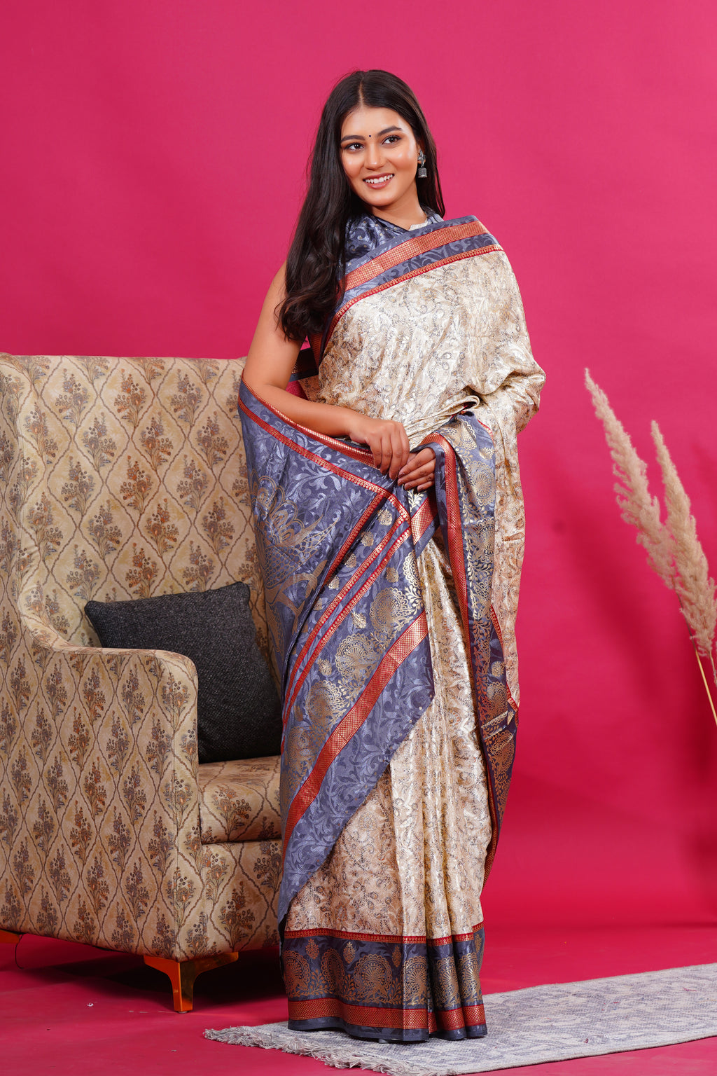 Grey Golden Flower Peacock Silk Saree