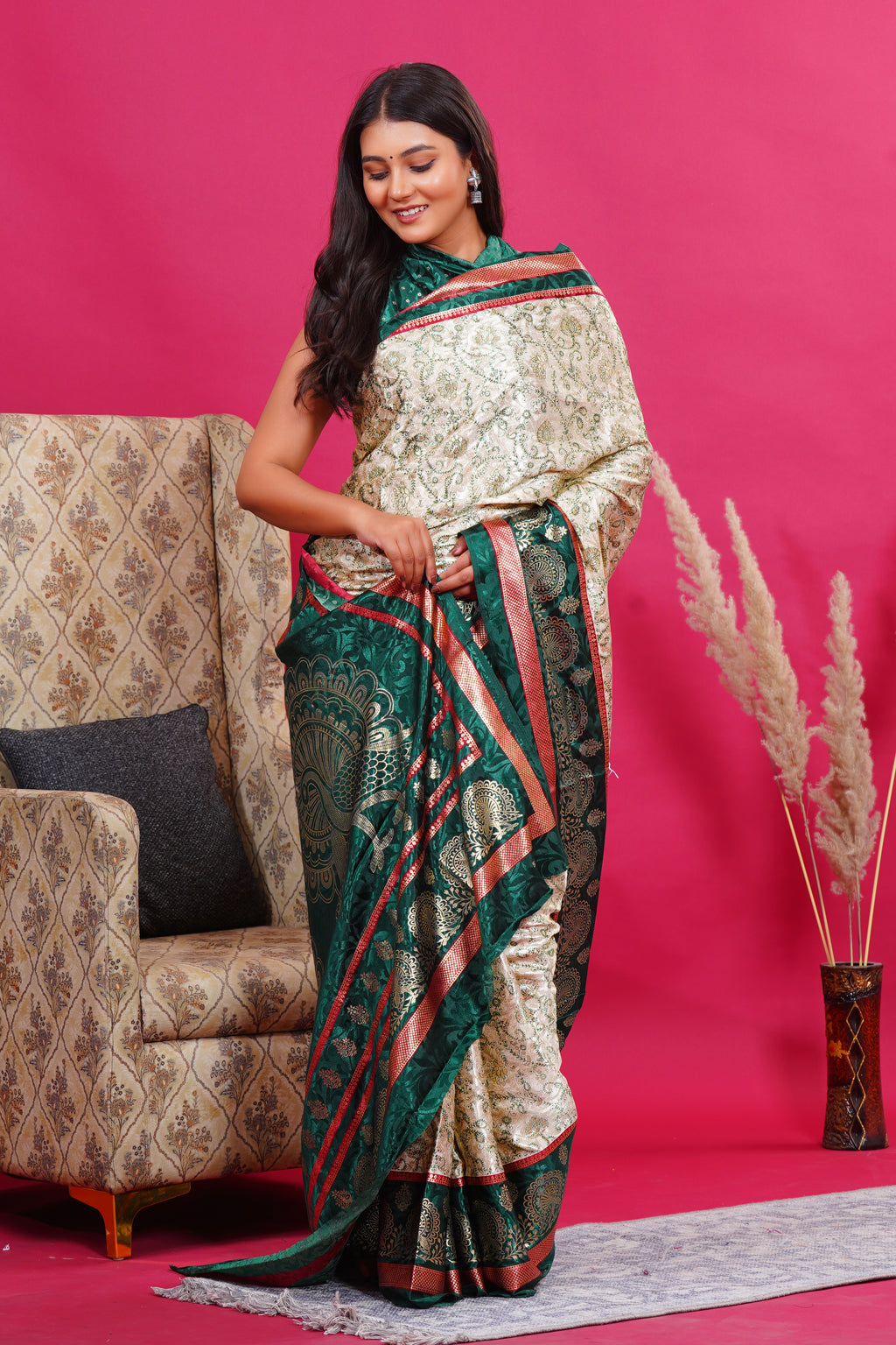 Dark Green Golden Flower Peacock Silk Saree