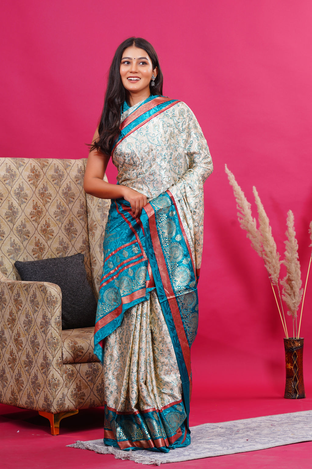 Green Golden Flower Peacock Silk Saree