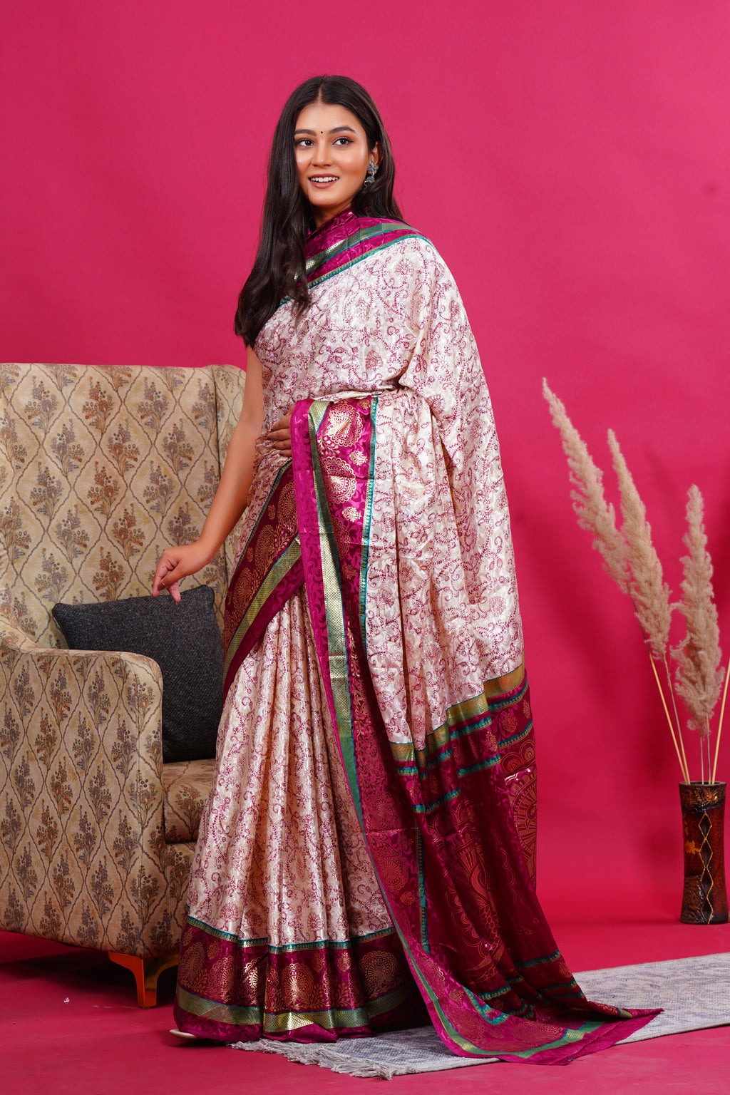 Purple Golden Flower Peacock Silk Saree