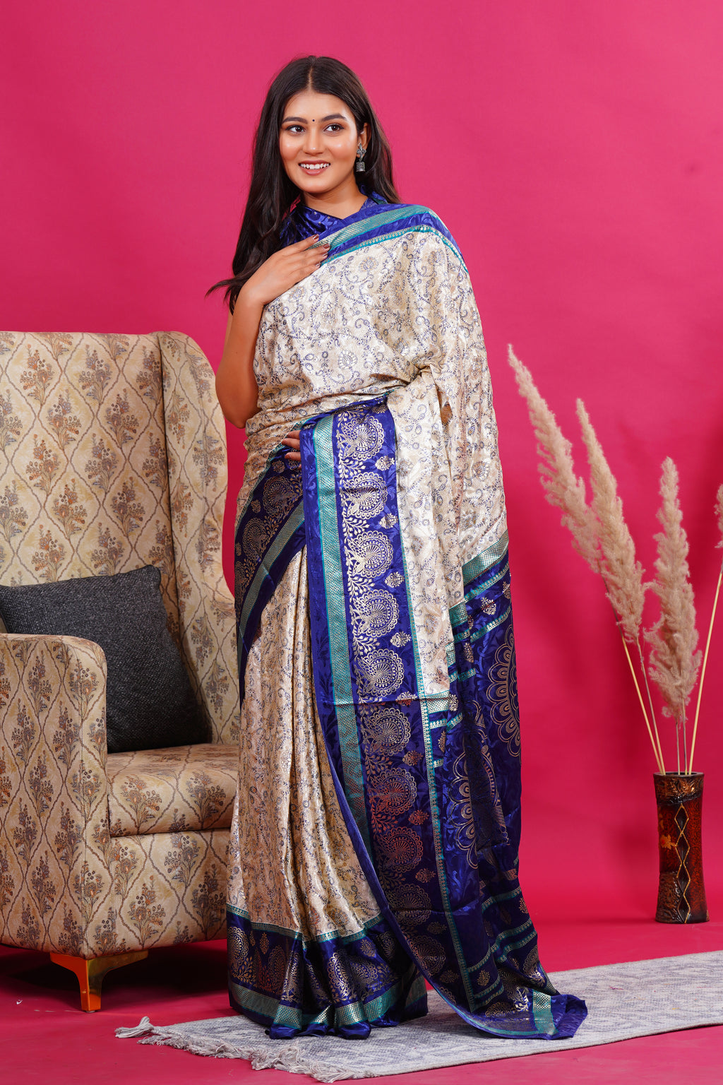 Blue Golden Flower Peacock Silk Saree