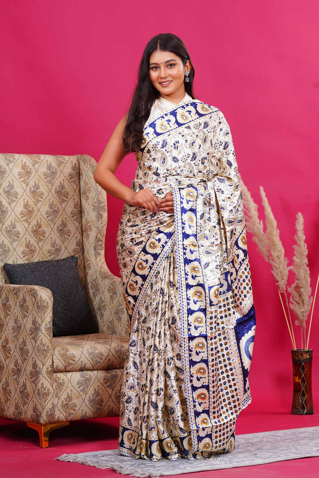 Blue Golden Floral Peacock Silk Saree