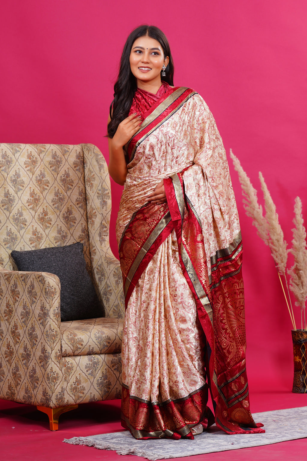 Maroon Golden Flower Peacock Silk Saree