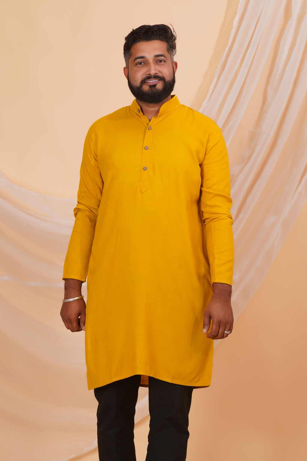 Mustard Long Rayon Slub Solid Men's Kurta
