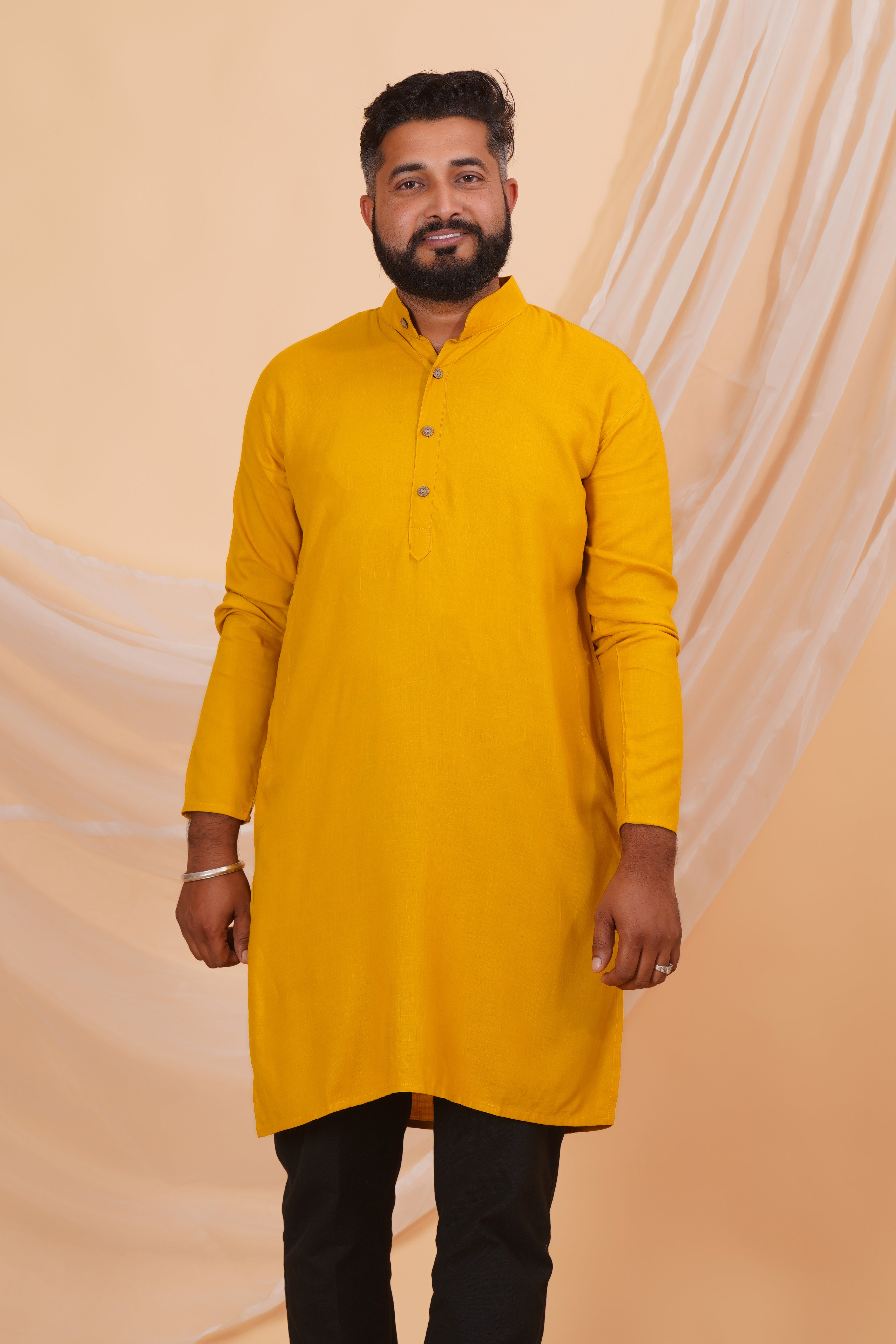 Mustard Long Rayon Slub Solid Men's Kurta