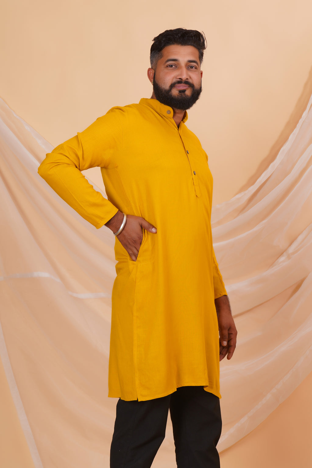 Mustard Long Rayon Slub Solid Men's Kurta