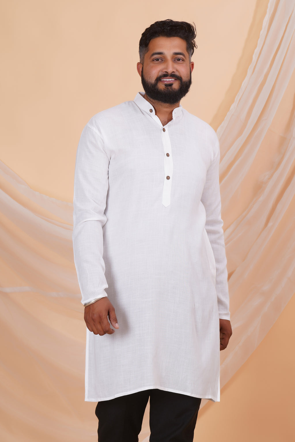 White Long Rayon Slub Solid Men's Kurta