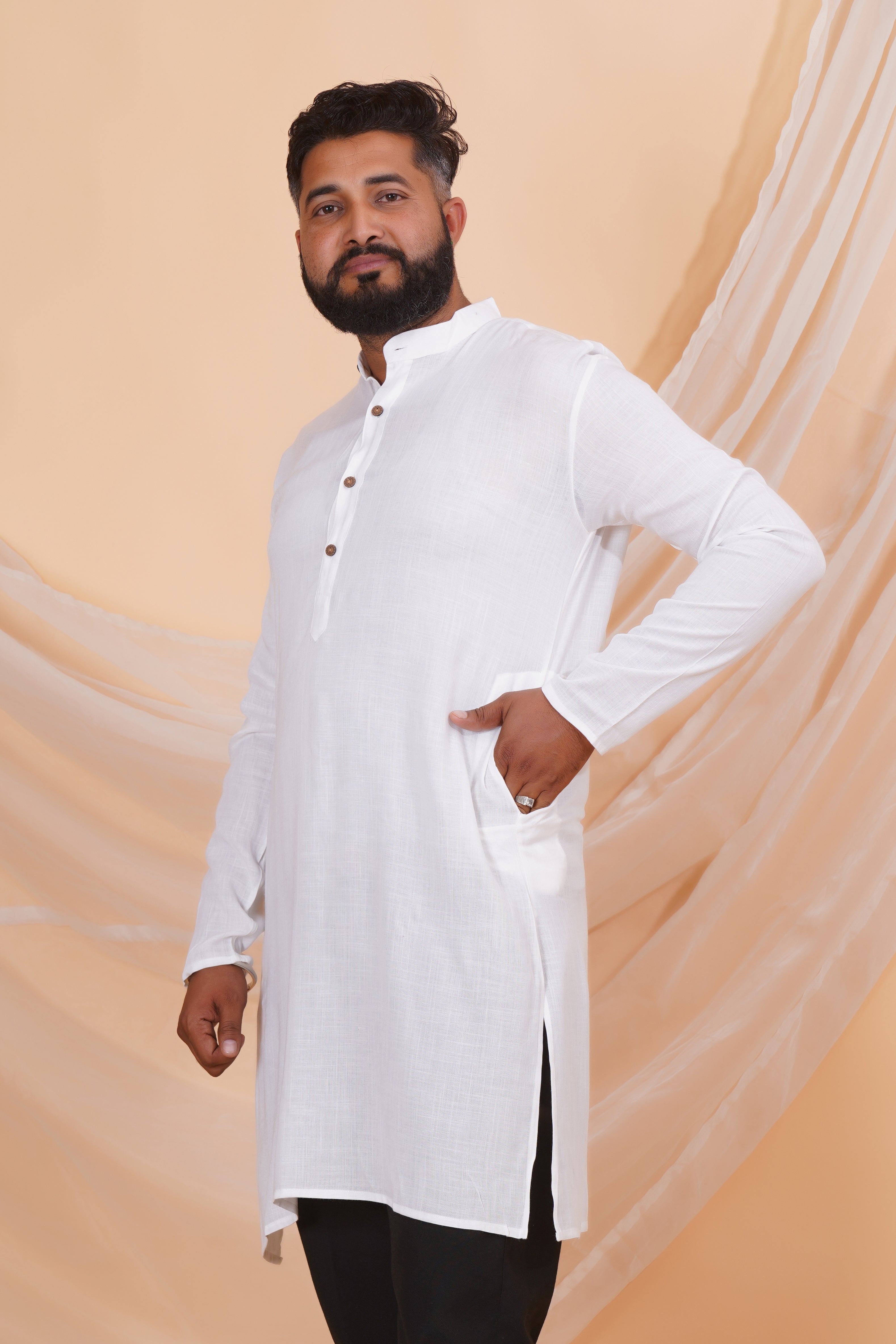 White Long Rayon Slub Solid Men's Kurta
