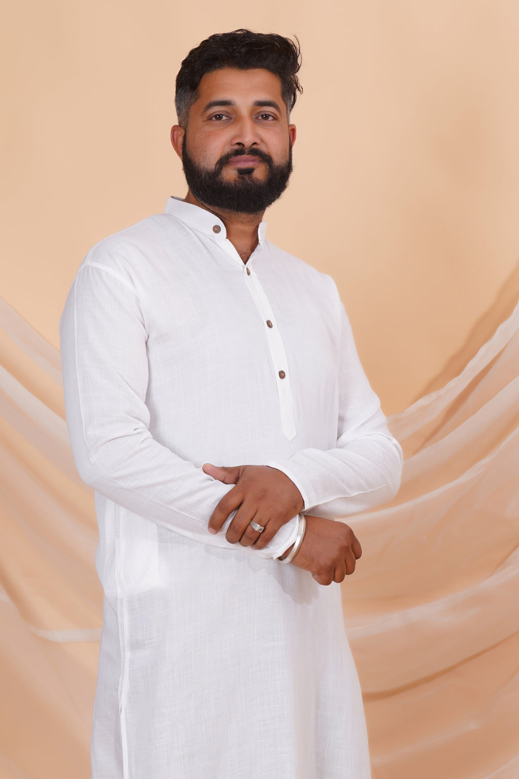 White Long Rayon Slub Solid Men's Kurta