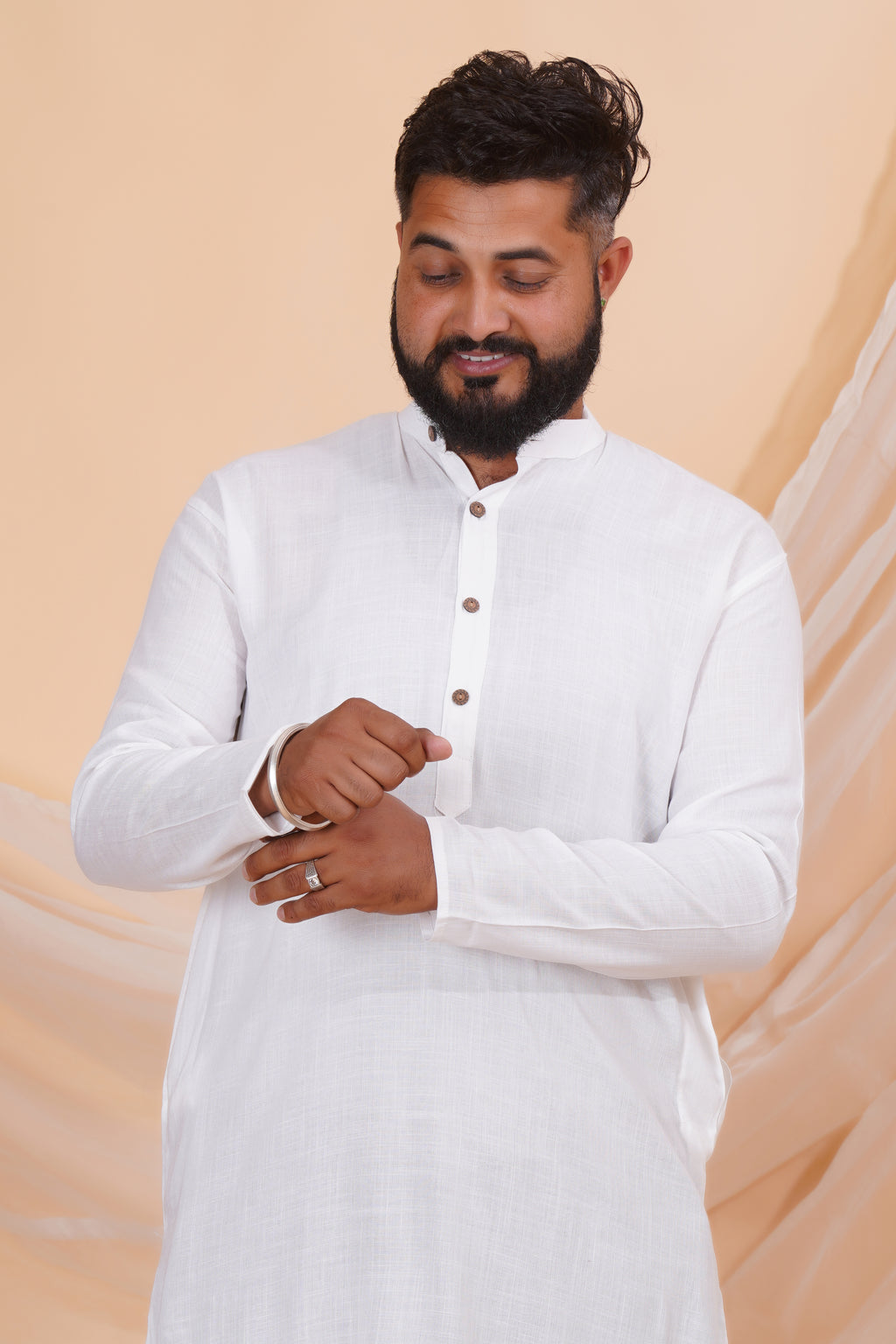 White Long Rayon Slub Solid Men's Kurta