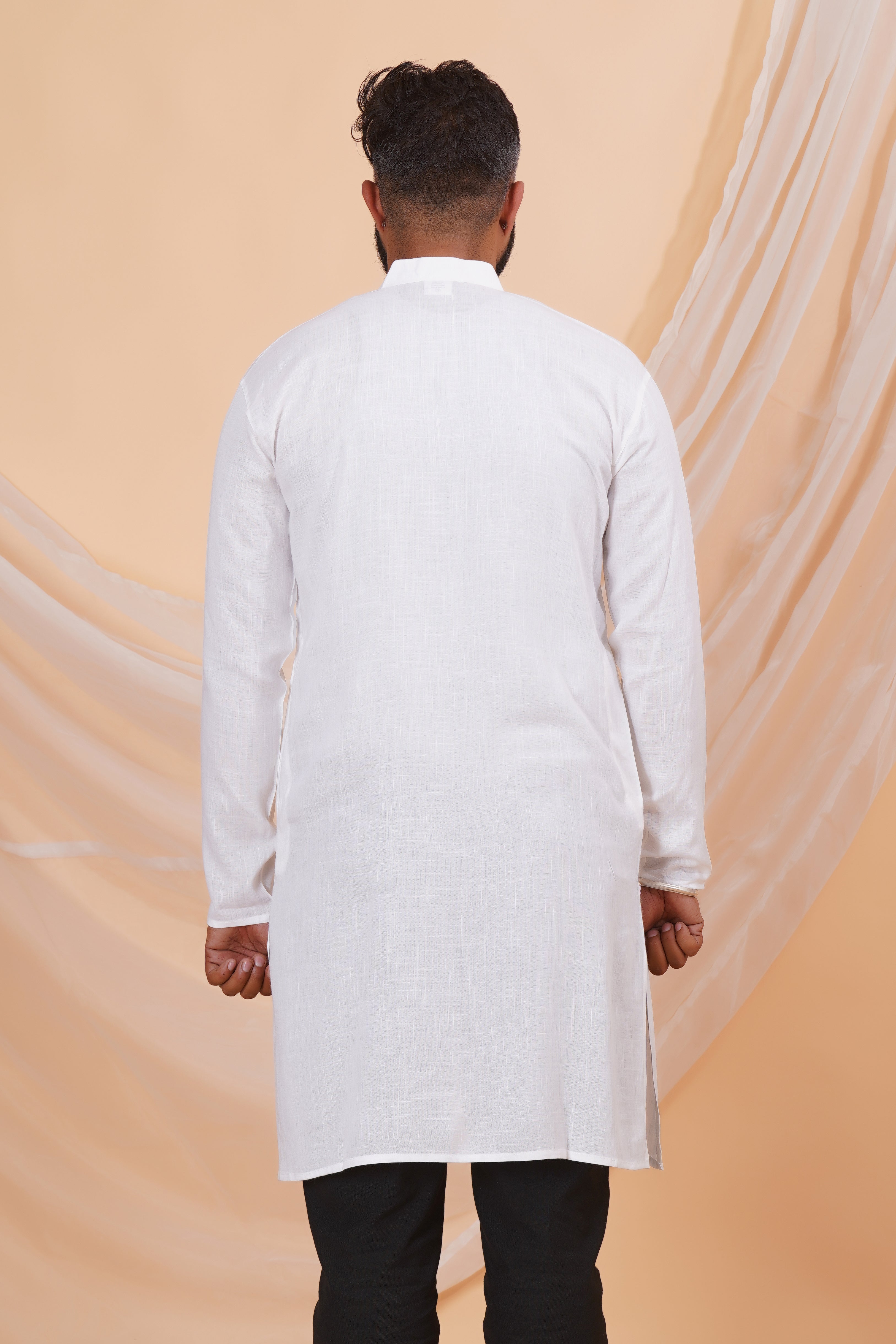 White Long Rayon Slub Solid Men's Kurta