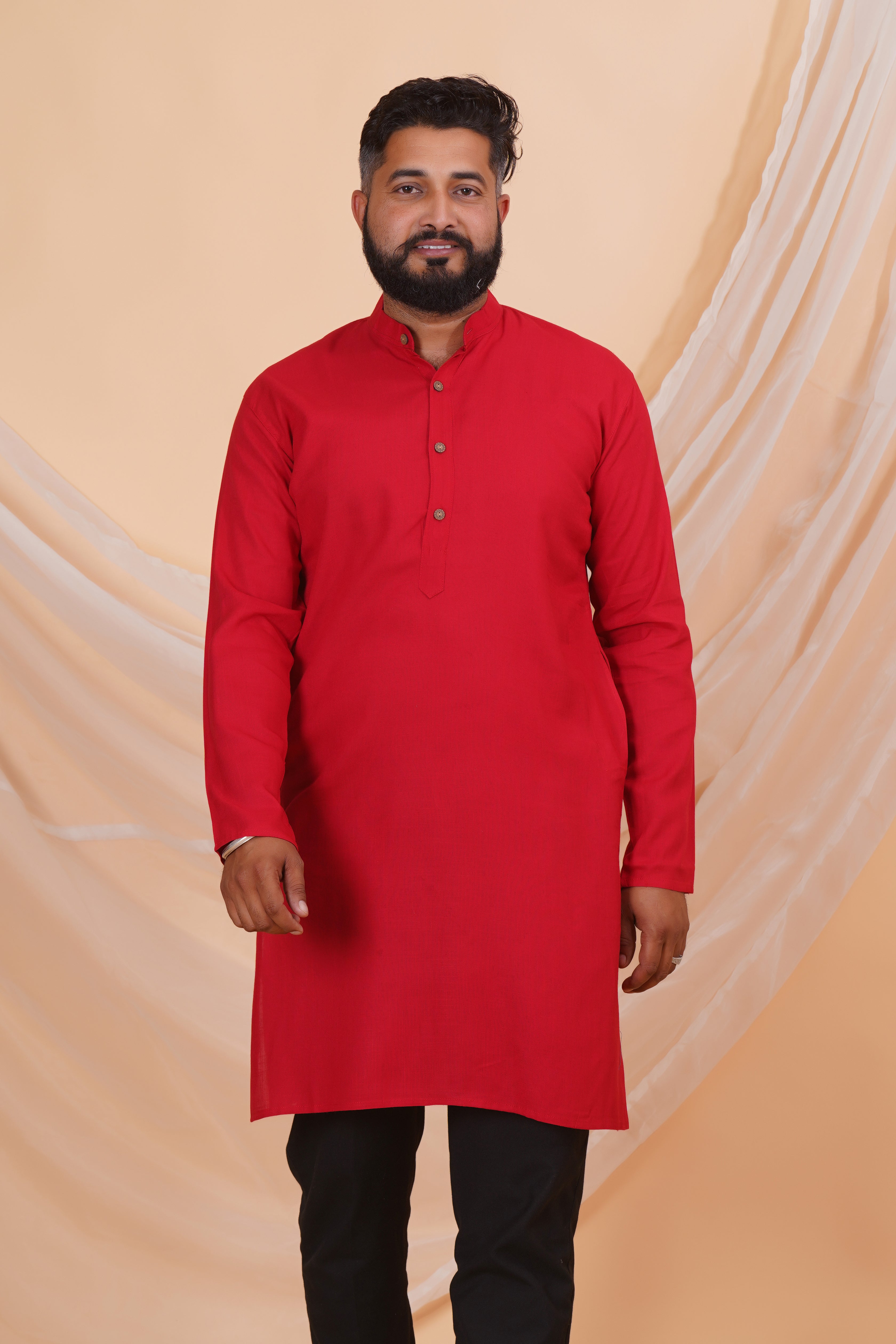 Maroon Long Rayon Slub Solid Men's Ethnic Wear Kurta