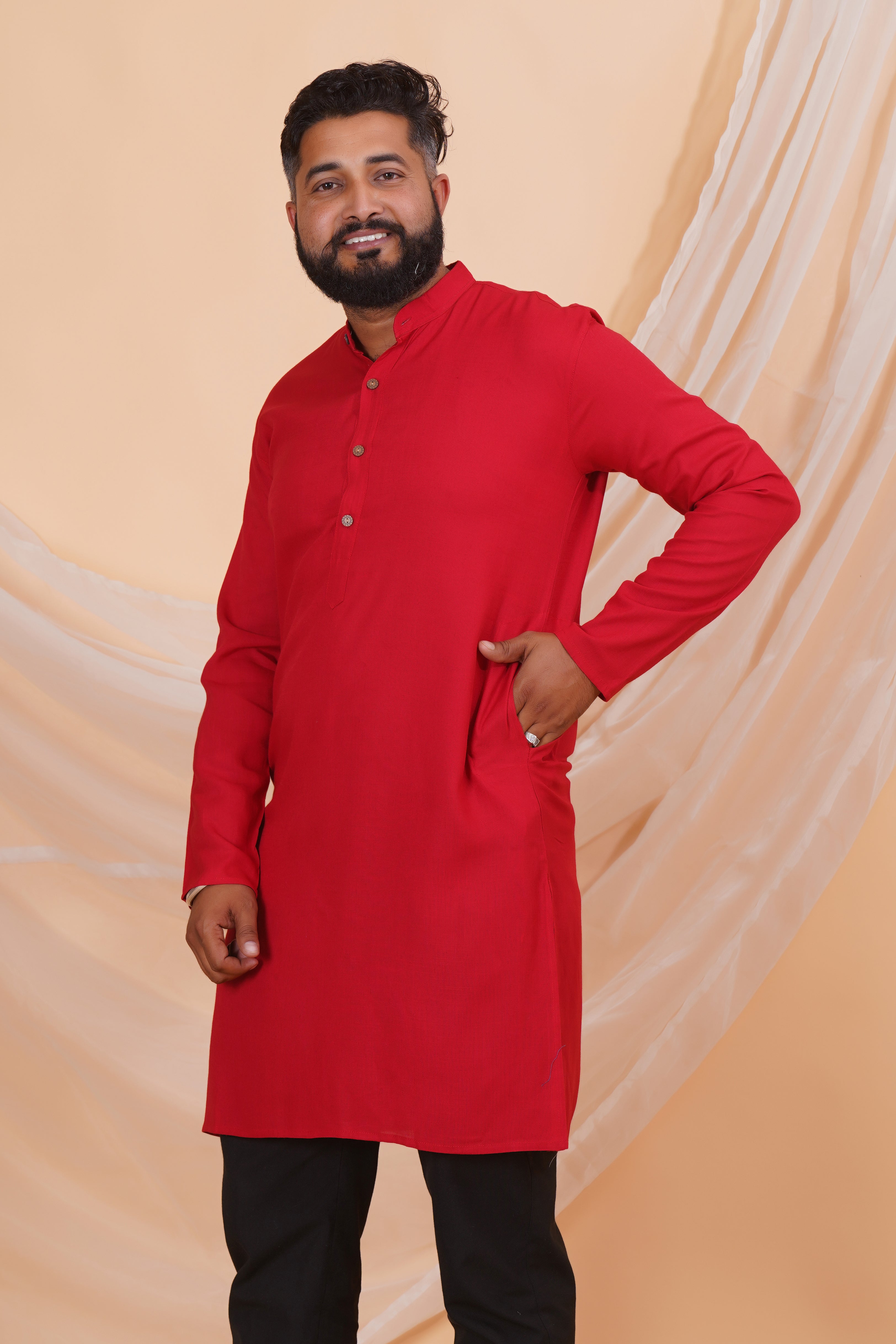 Maroon Long Rayon Slub Solid Men's Ethnic Wear Kurta