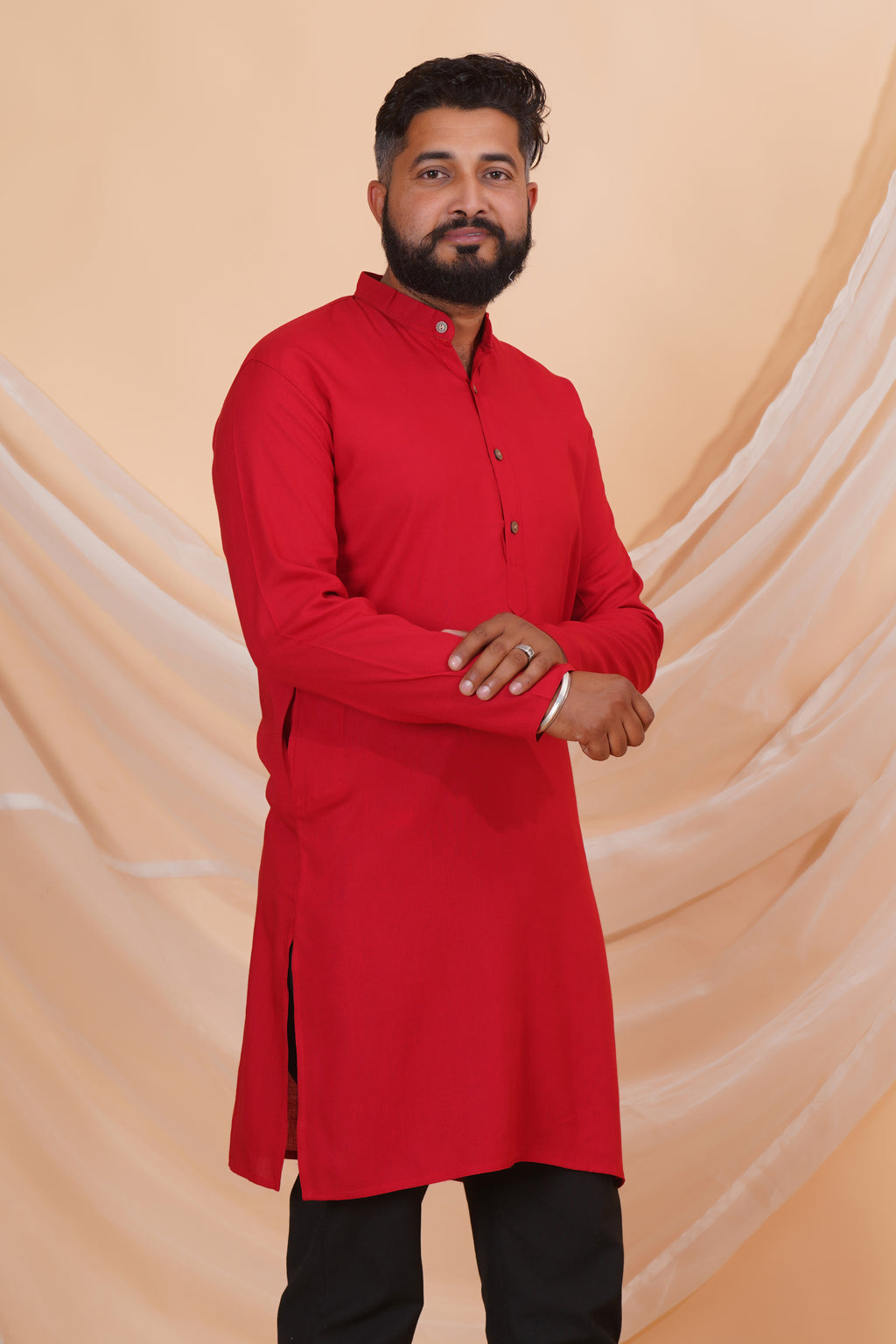 Maroon Long Rayon Slub Solid Men's Ethnic Wear Kurta