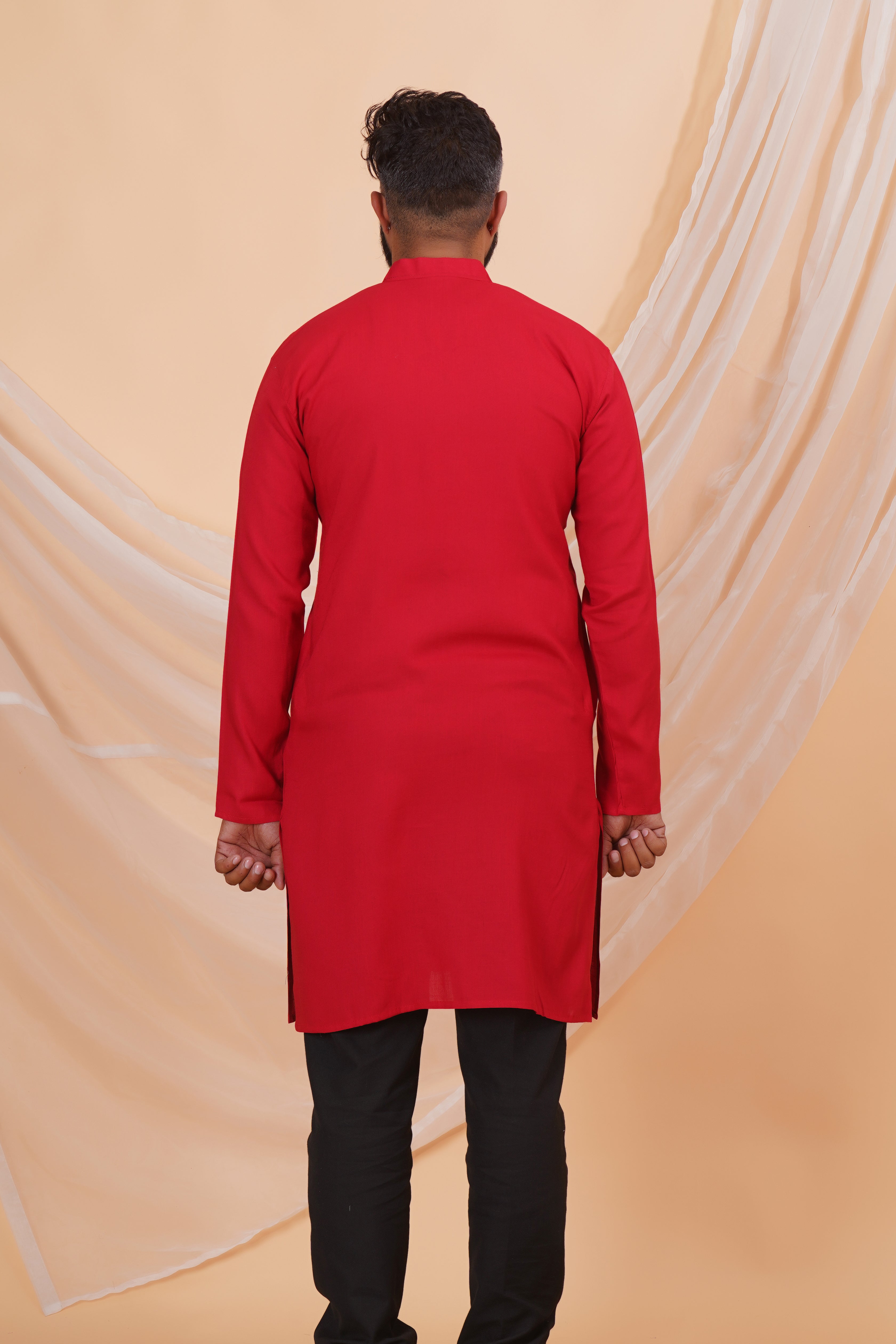 Maroon Long Rayon Slub Solid Men's Ethnic Wear Kurta