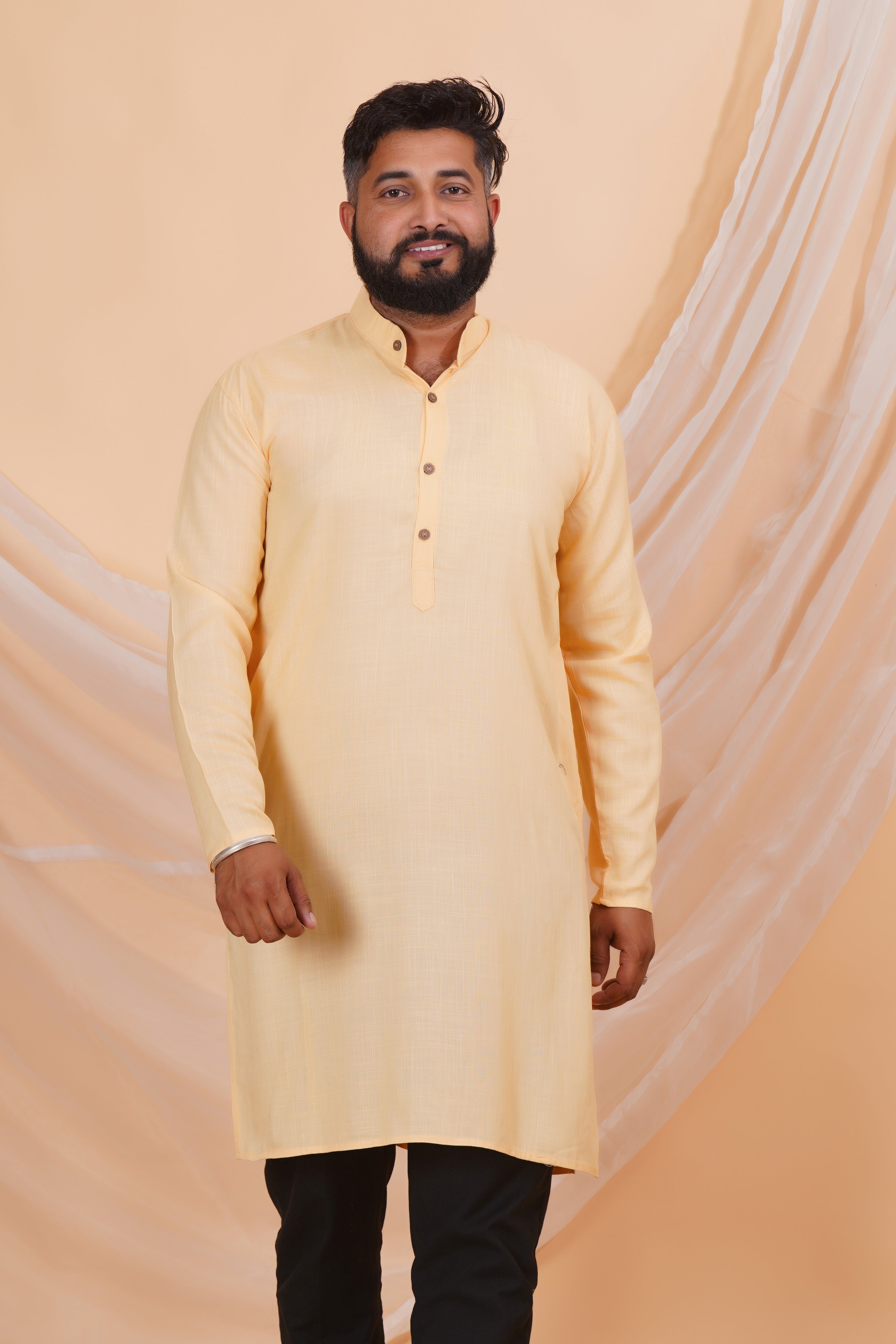 Beige Long Rayon Slub Solid Men's Kurta