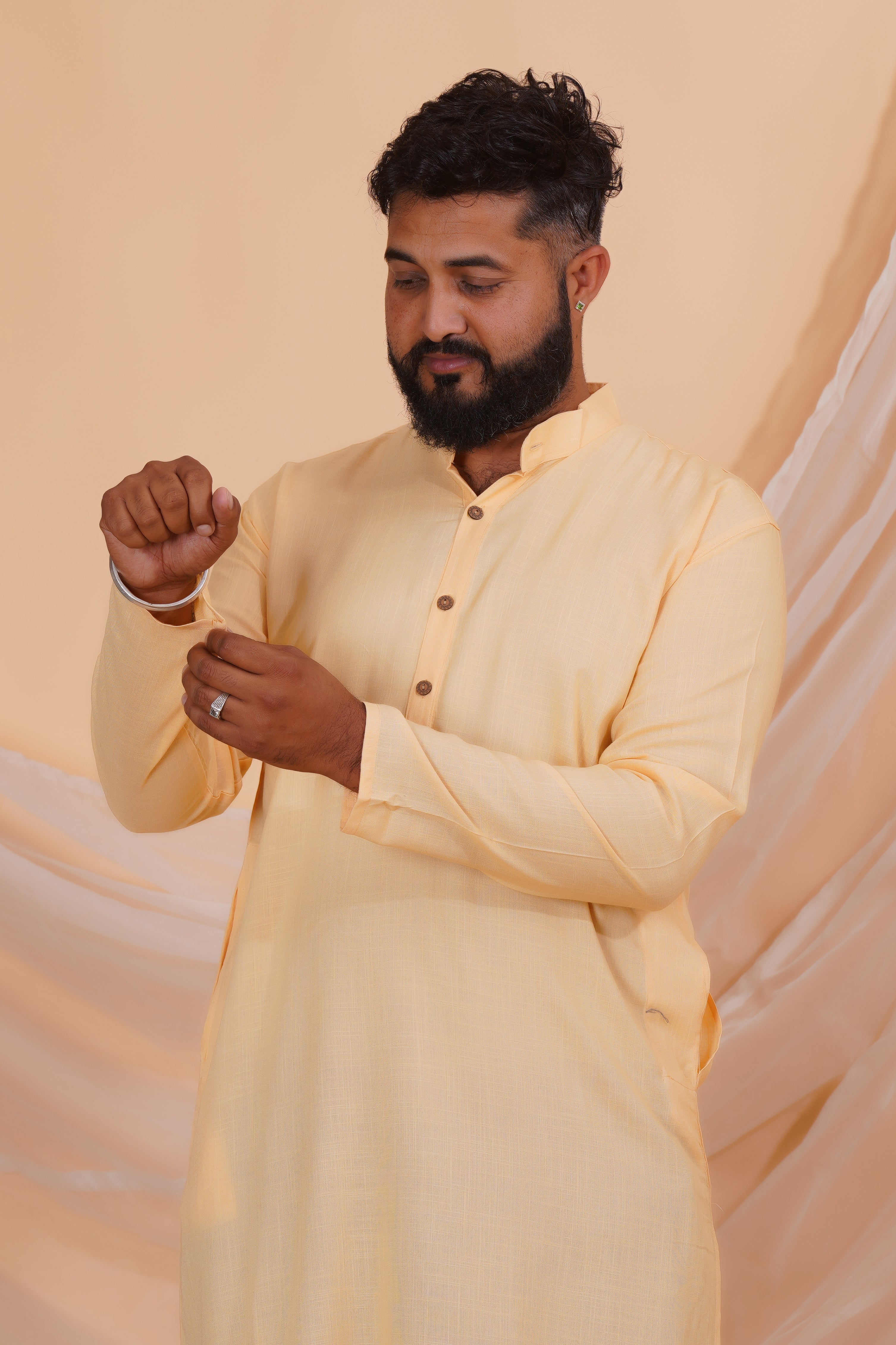 Beige Long Rayon Slub Solid Men's Kurta