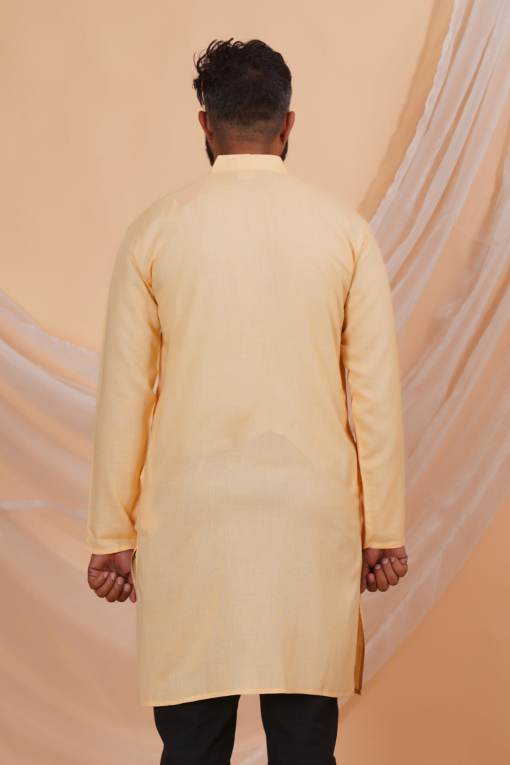 Beige Long Rayon Slub Solid Men's Kurta