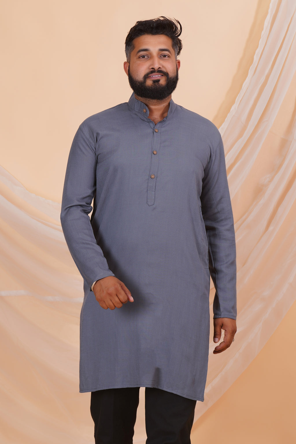 Grey Long Rayon Slub Solid Men's Kurta