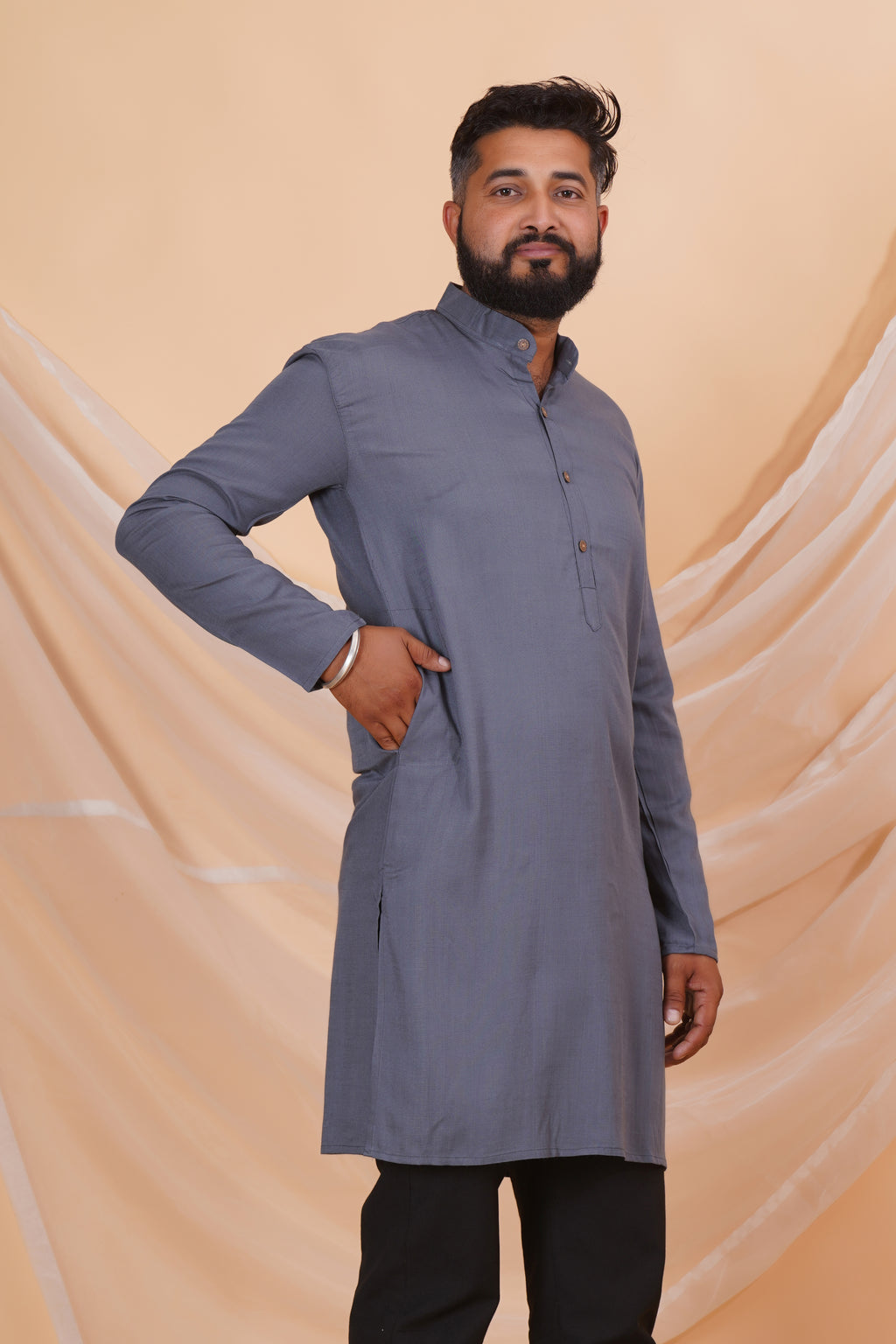 Grey Long Rayon Slub Solid Men's Kurta