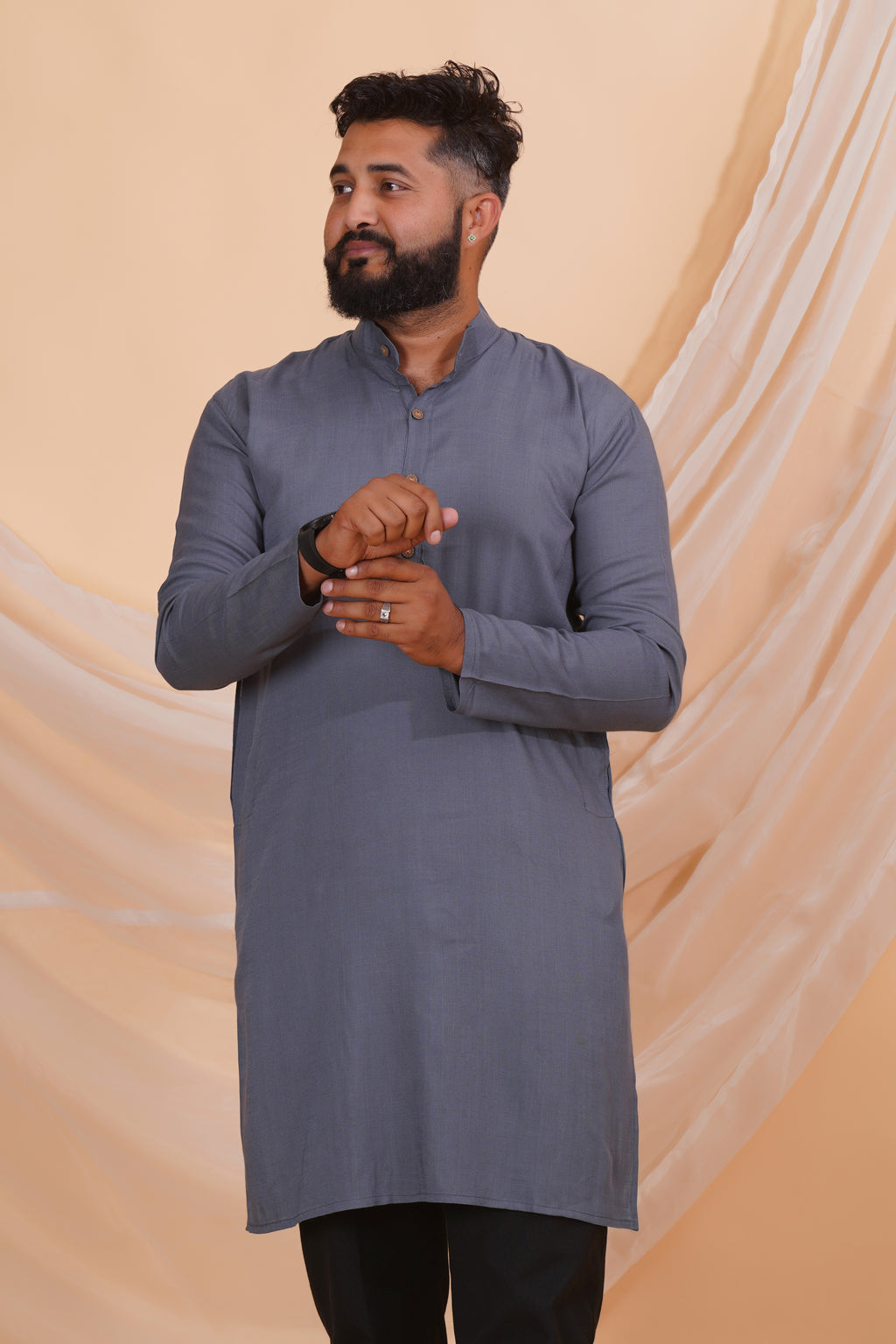 Grey Long Rayon Slub Solid Men's Kurta