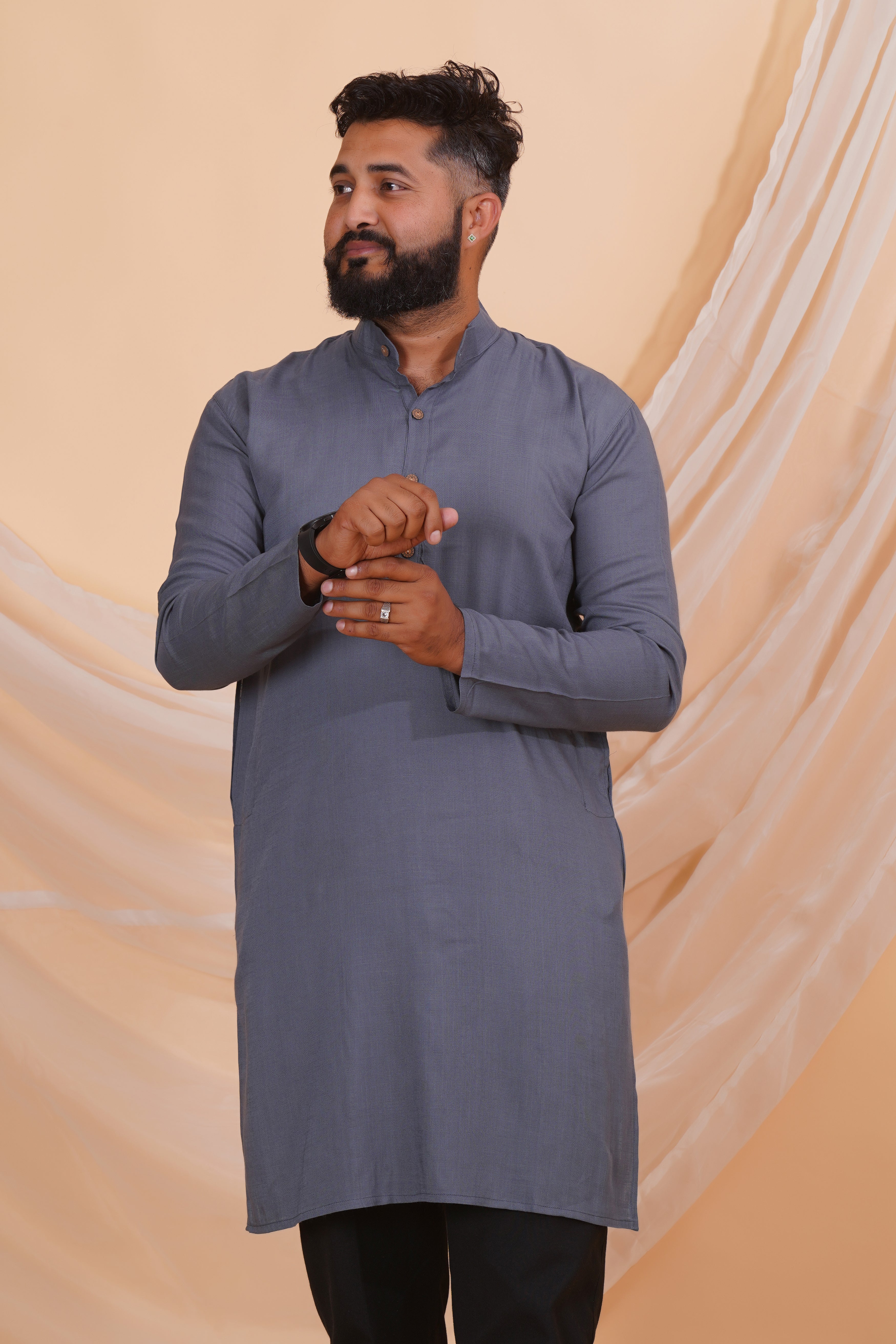 Grey Long Rayon Slub Solid Men's Kurta
