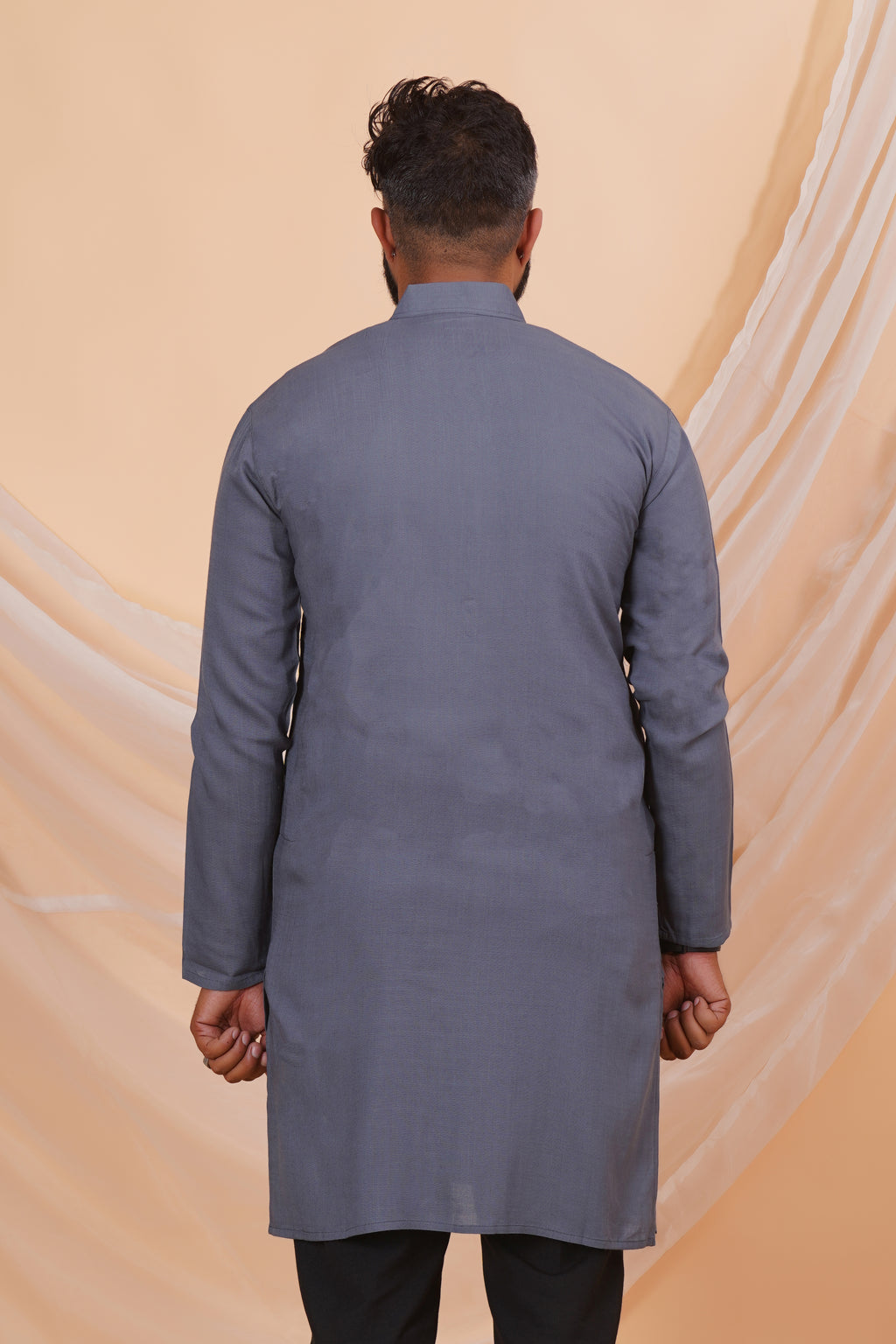 Grey Long Rayon Slub Solid Men's Kurta