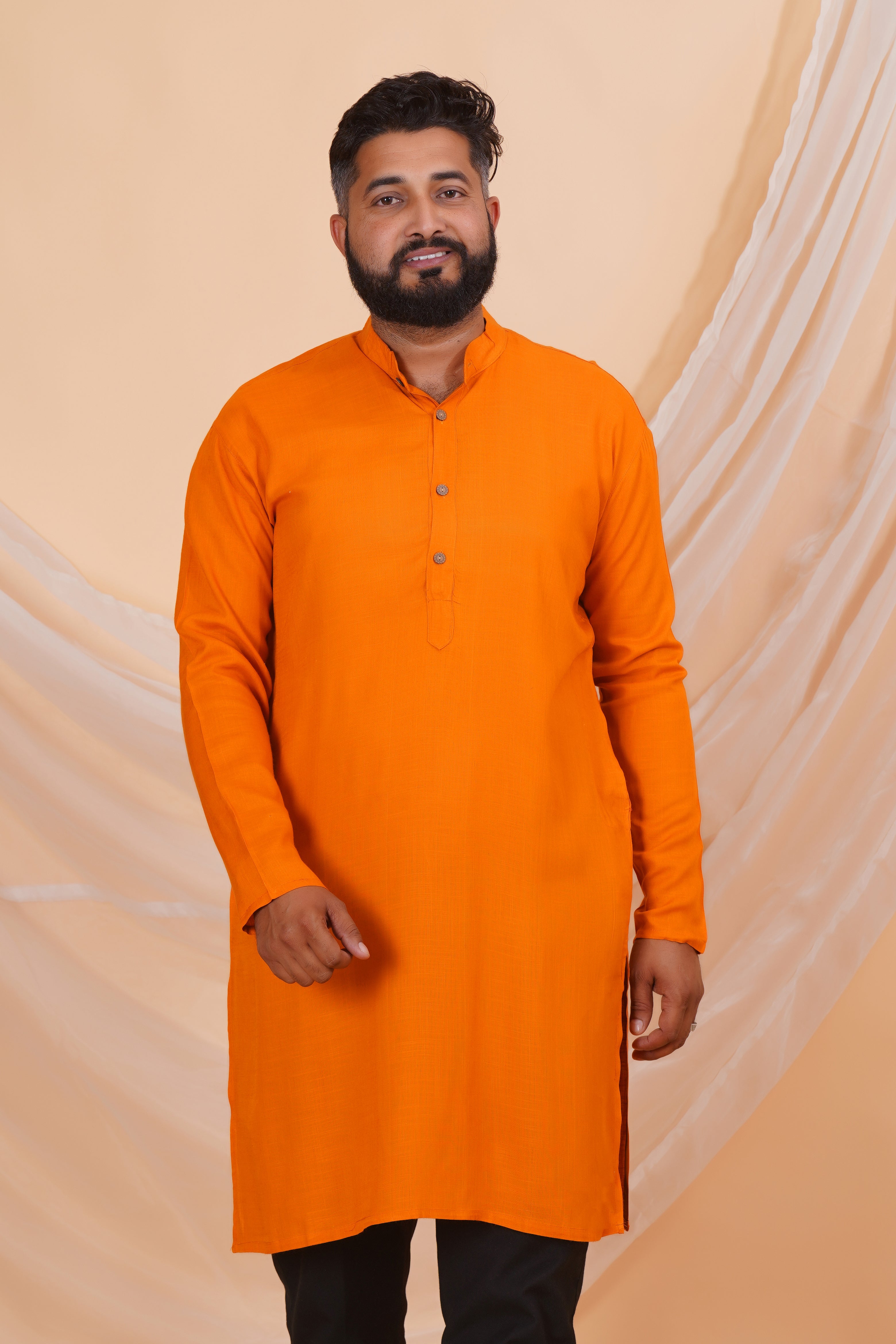 Orange Long Rayon Slub Solid Men's Kurta
