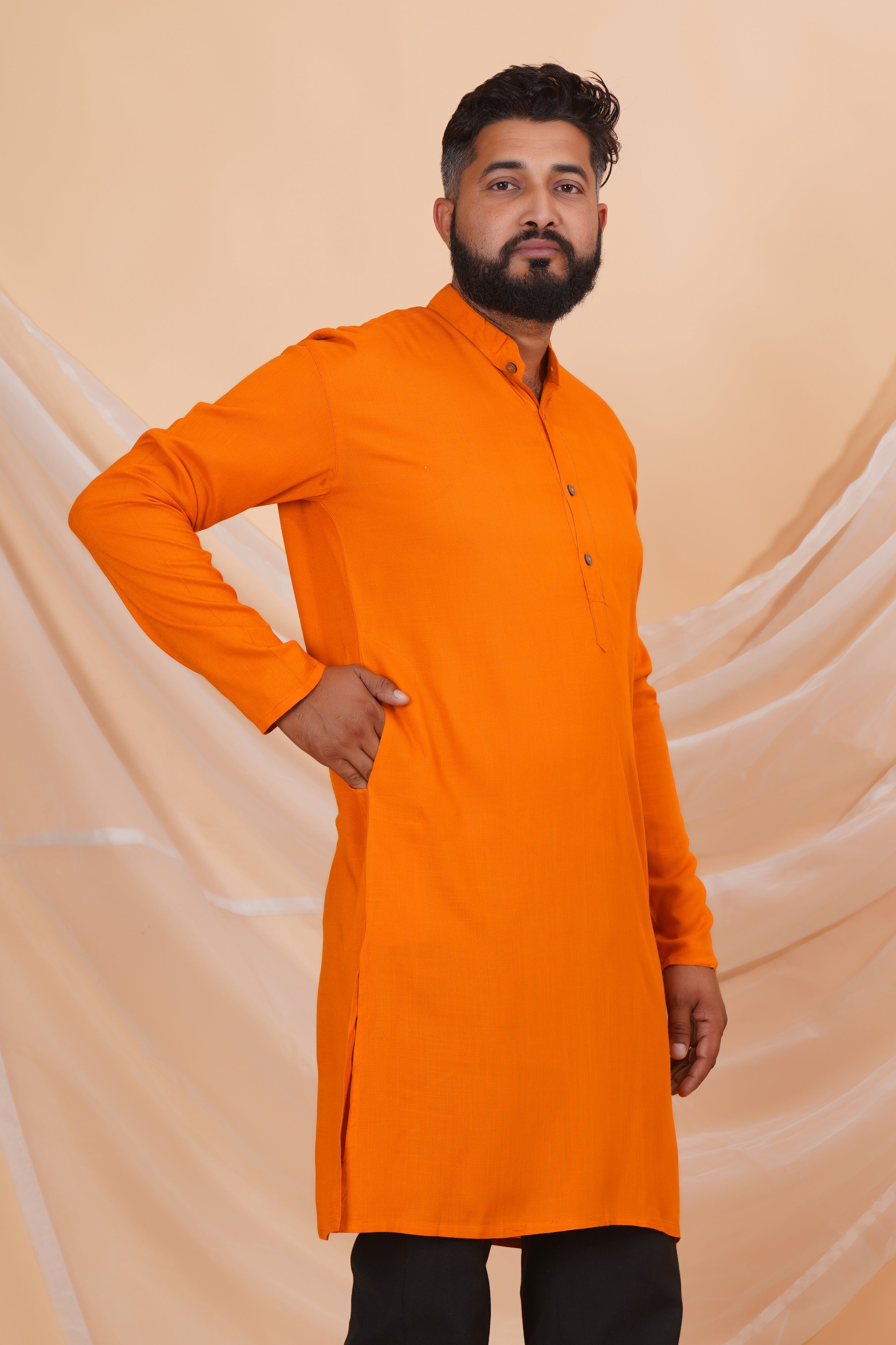 Orange Long Rayon Slub Solid Men's Kurta