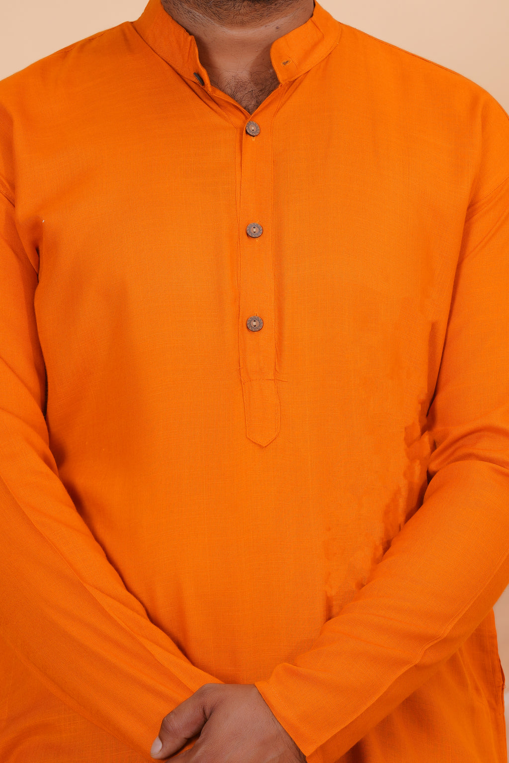 Orange Long Rayon Slub Solid Men's Kurta