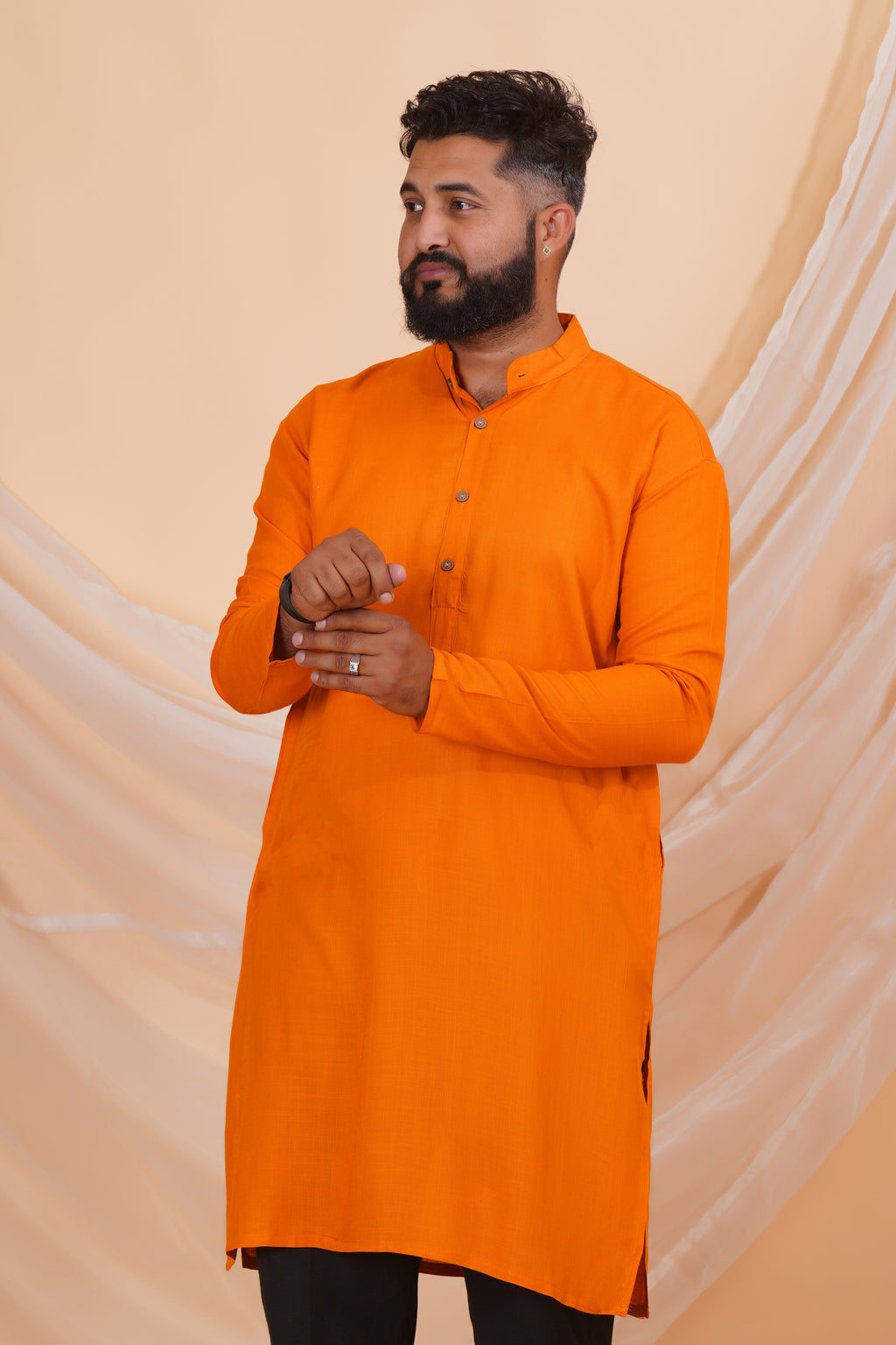 Orange Long Rayon Slub Solid Men's Kurta