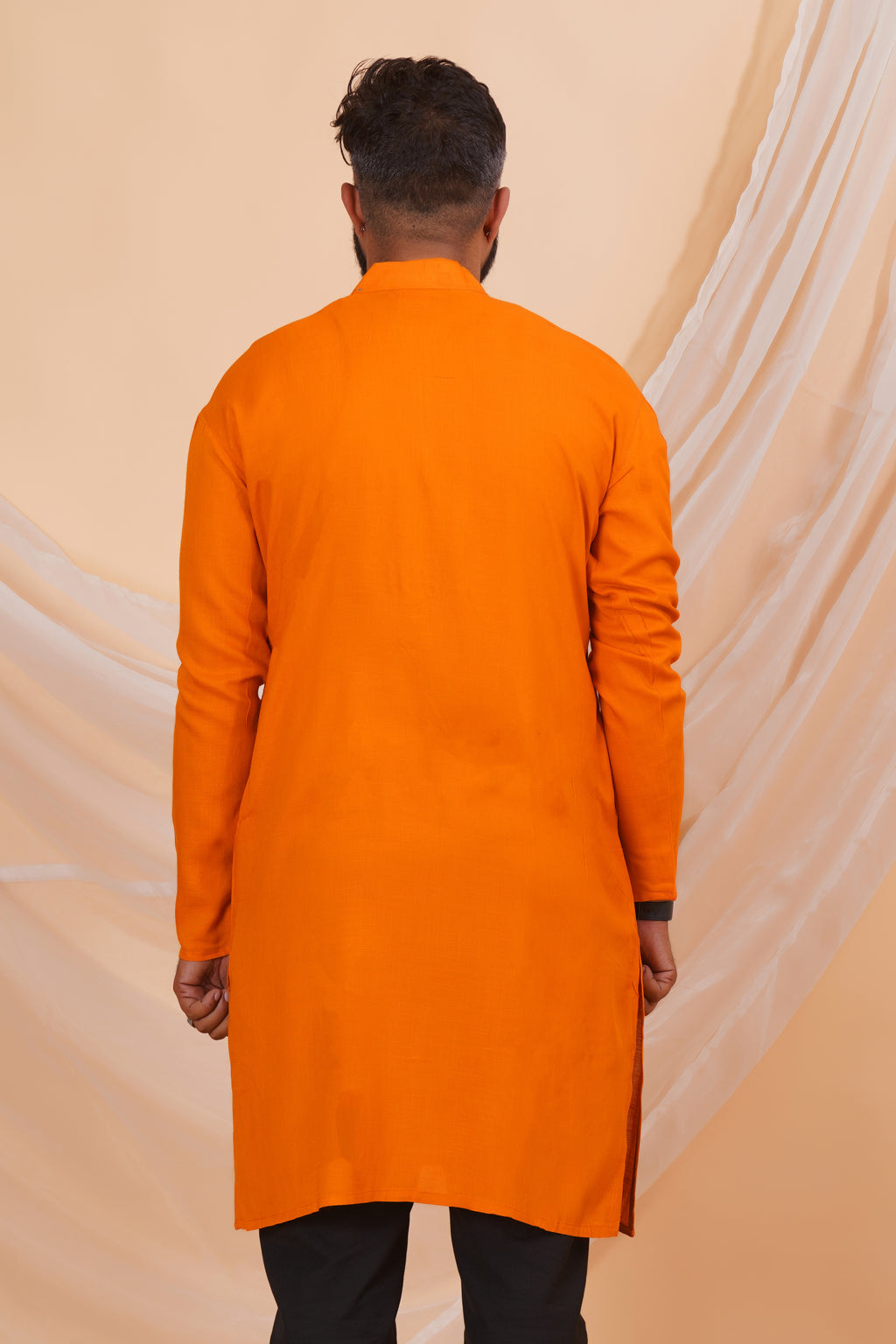 Orange Long Rayon Slub Solid Men's Kurta