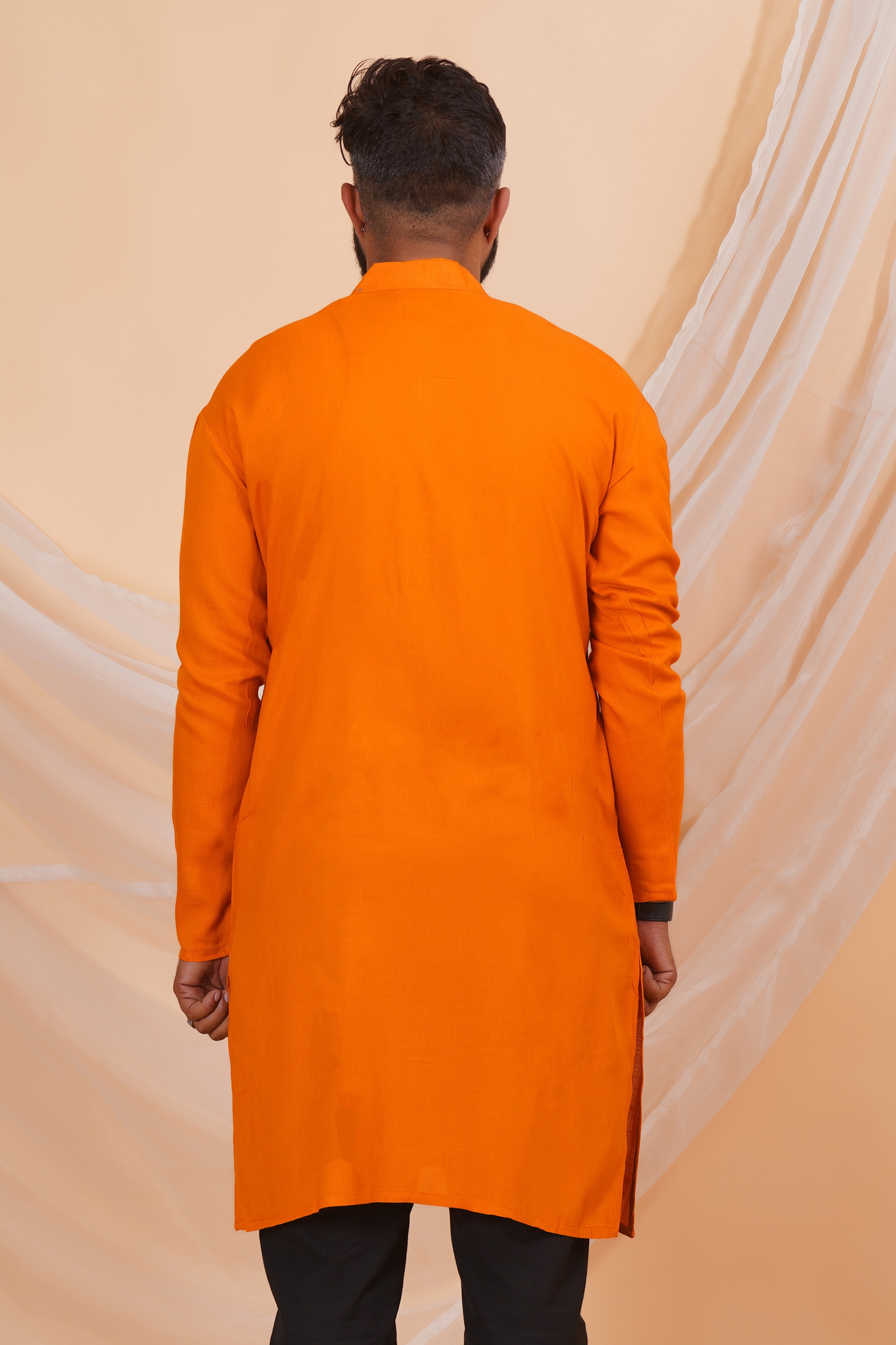 Orange Long Rayon Slub Solid Men's Kurta