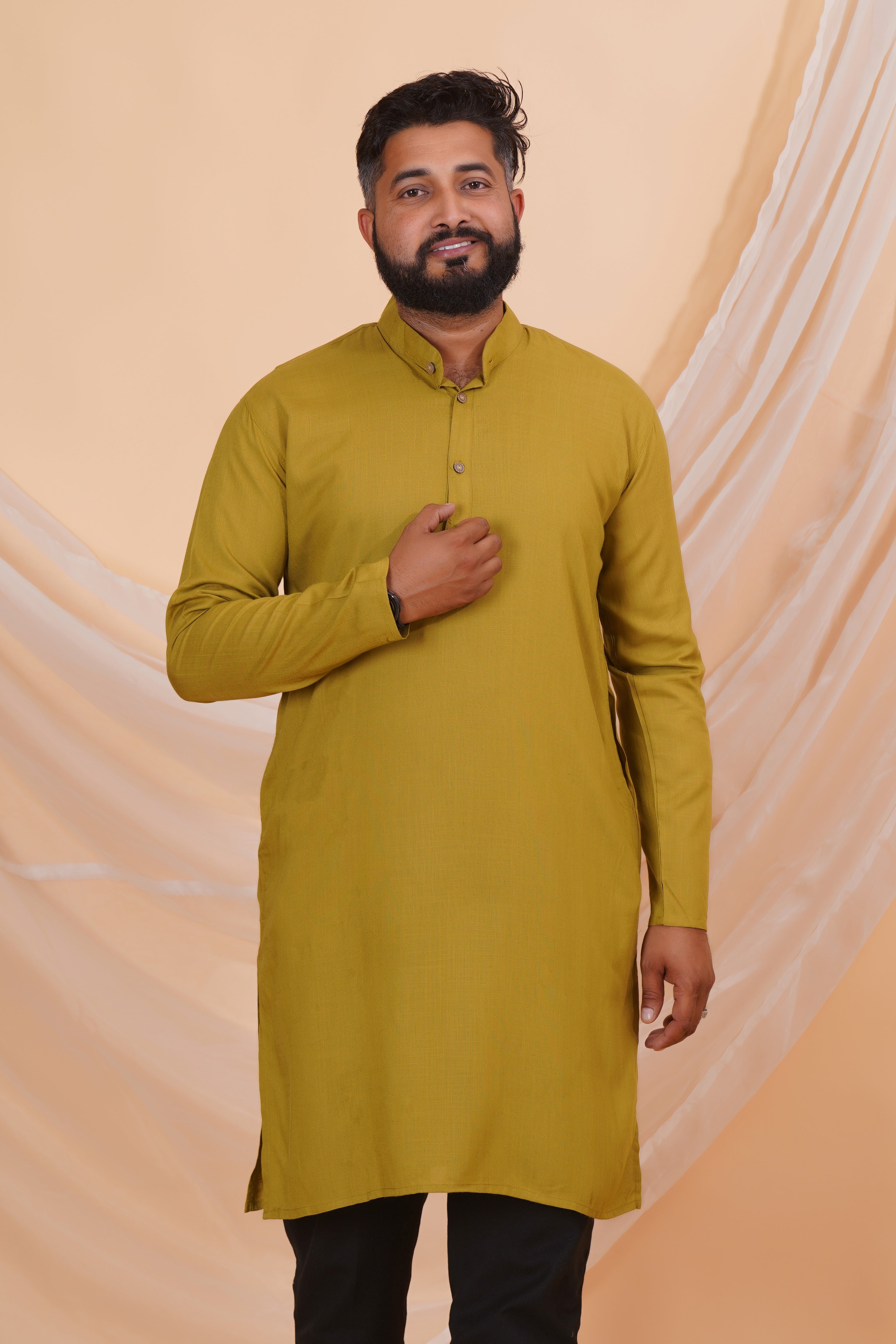 Olive Long Rayon Slub Solid Men's Kurta