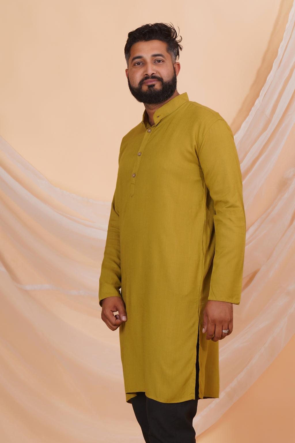 Olive Long Rayon Slub Solid Men's Kurta