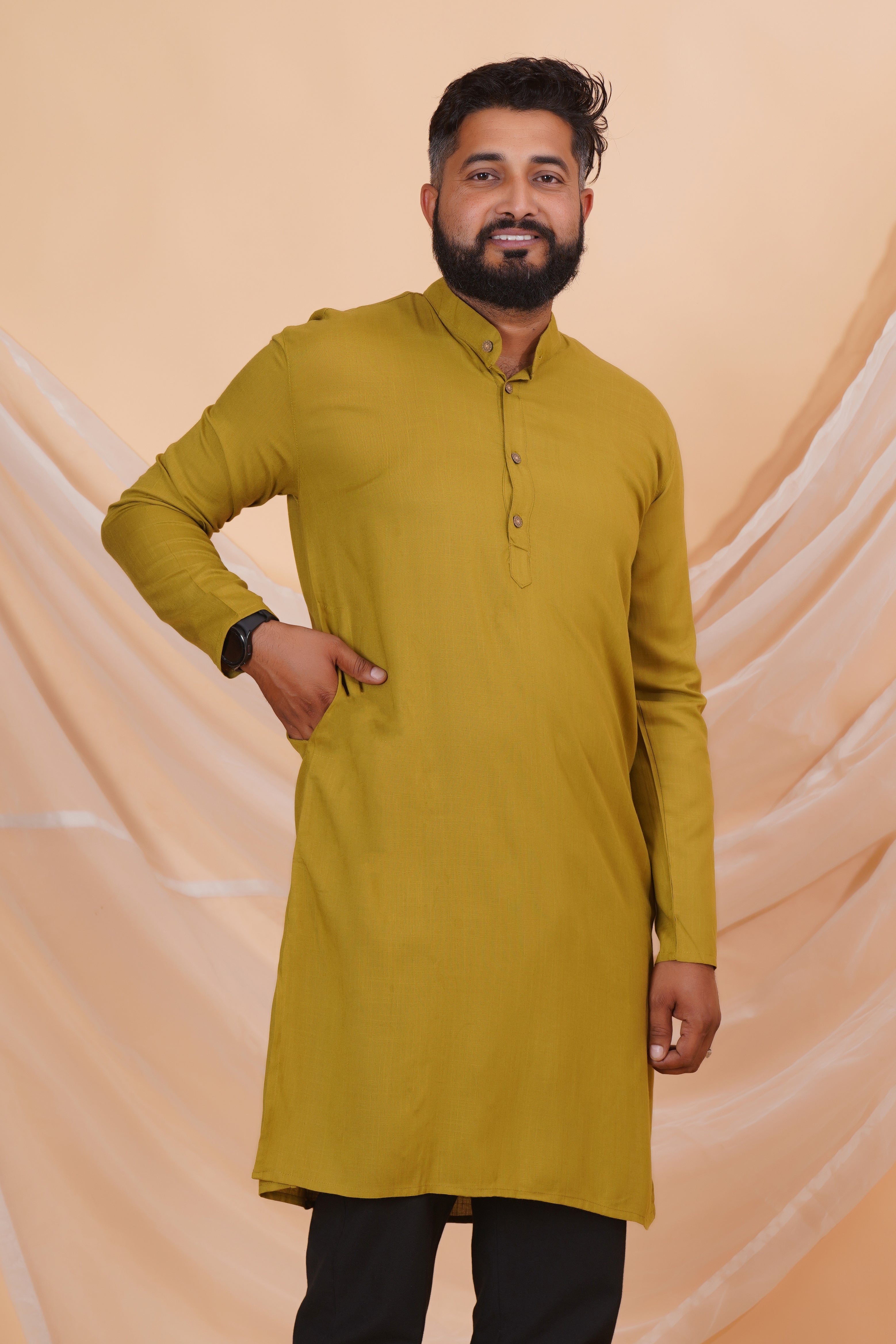 Olive Long Rayon Slub Solid Men's Kurta