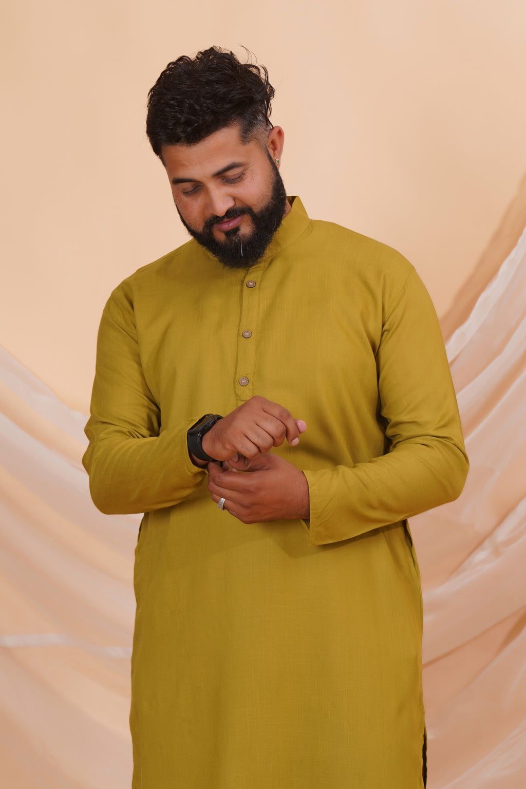 Olive Long Rayon Slub Solid Men's Kurta