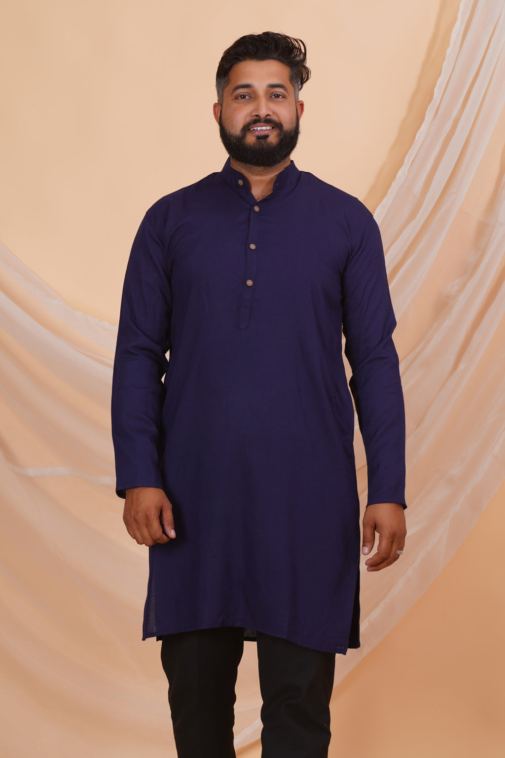 Navy Blue Long Rayon Slub Solid Men's Kurta