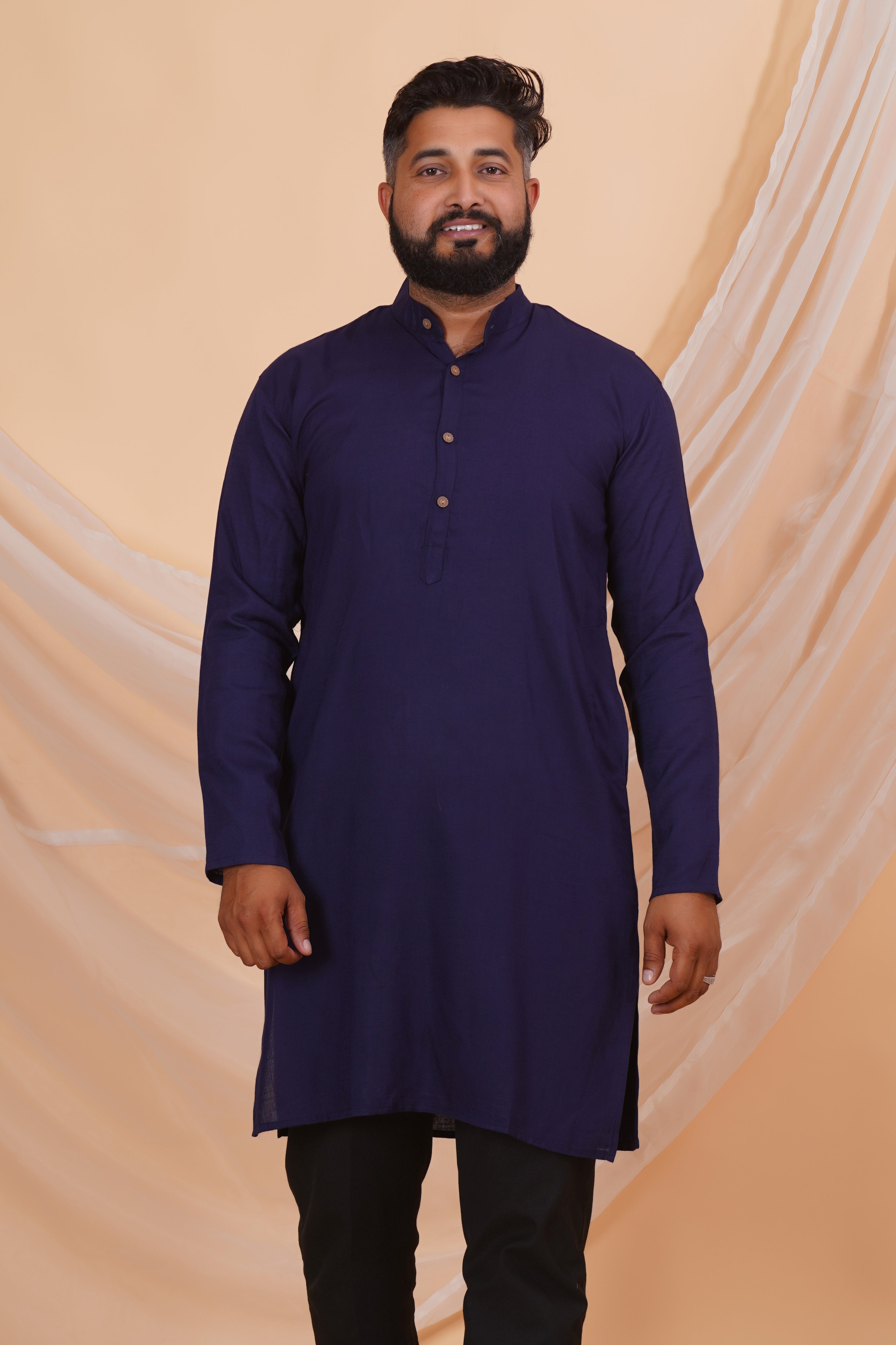 Navy Blue Long Rayon Slub Solid Men's Kurta