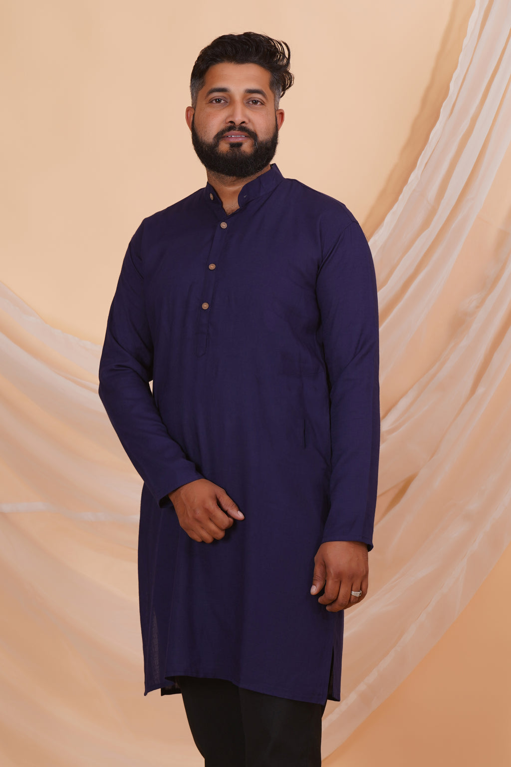 Navy Blue Long Rayon Slub Solid Men's Kurta