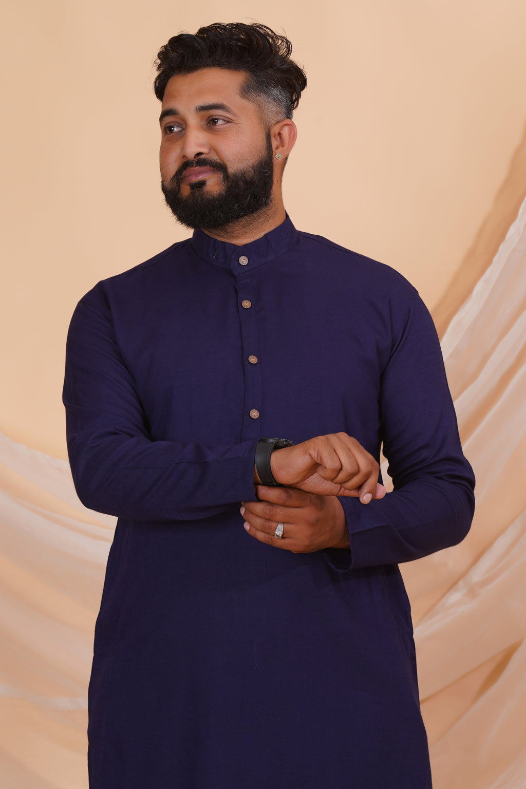Navy Blue Long Rayon Slub Solid Men's Kurta