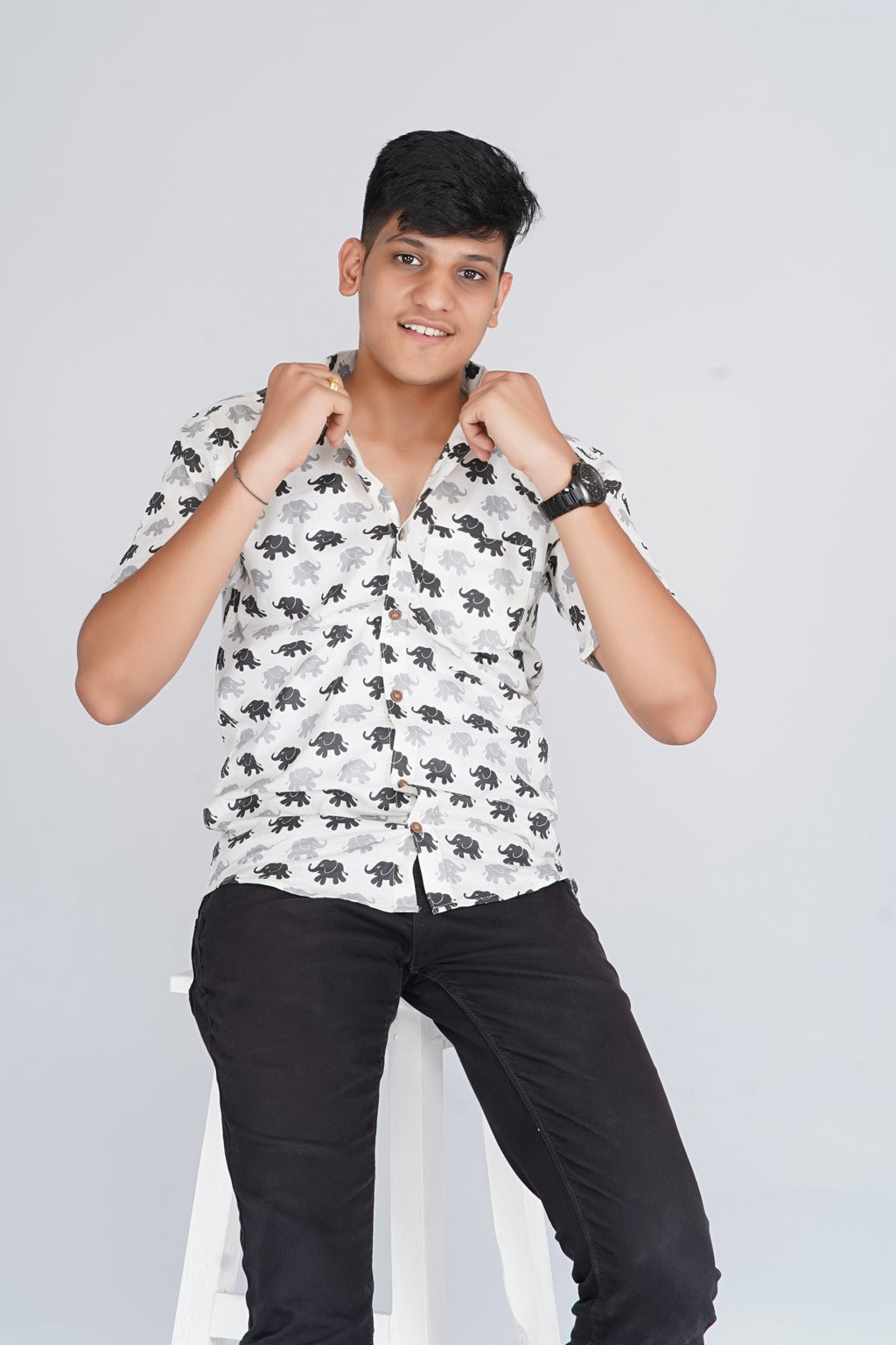 White-Black  Elephant Half Sleeve Shirt