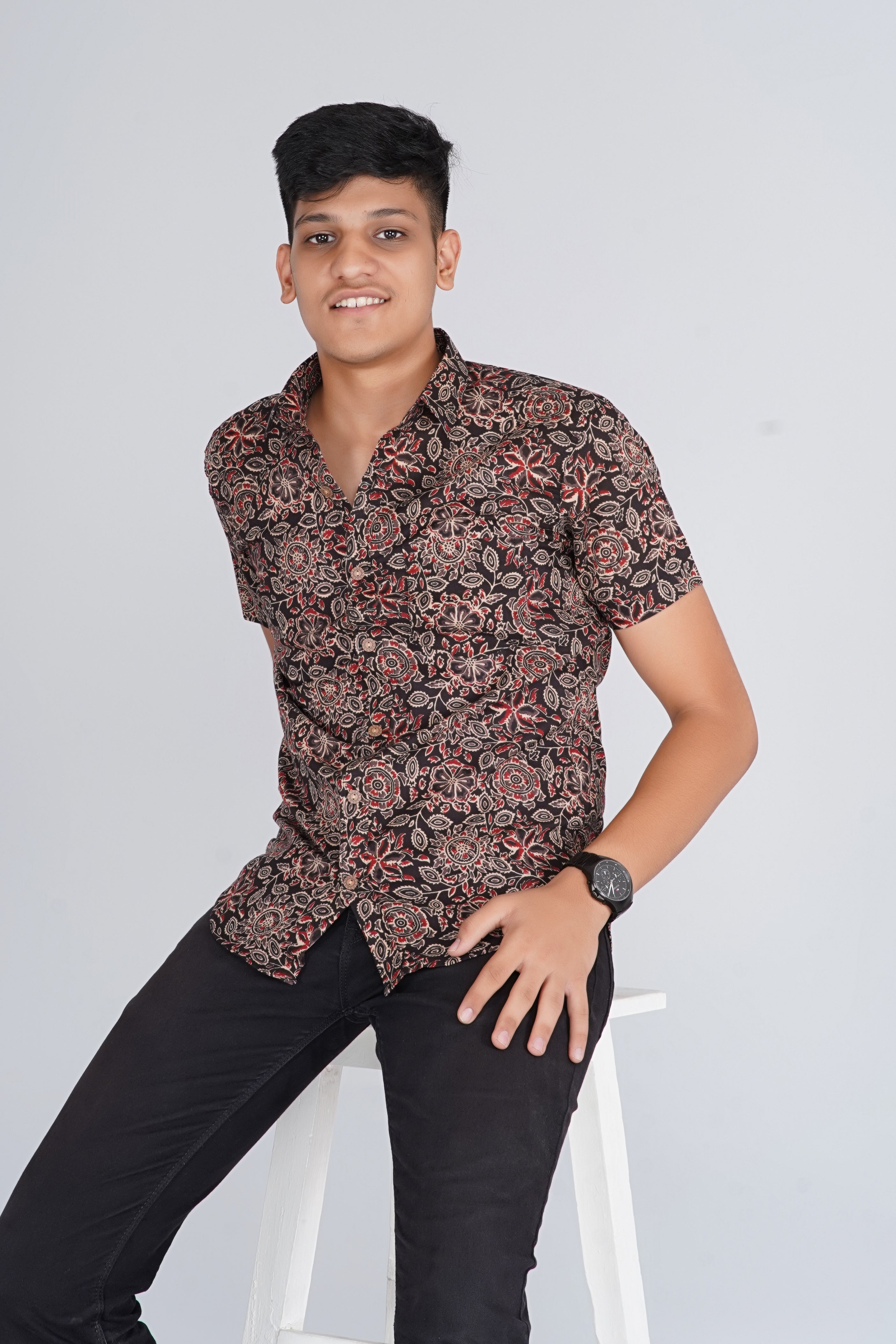 Ajrakh Jaal Half Sleevs Black Shirt