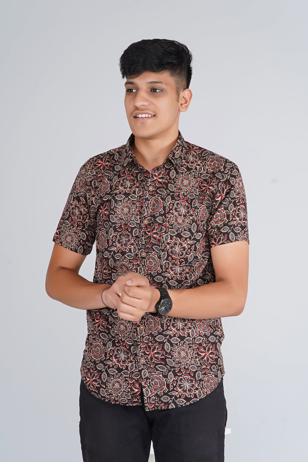 Ajrakh Jaal Half Sleevs Black Shirt