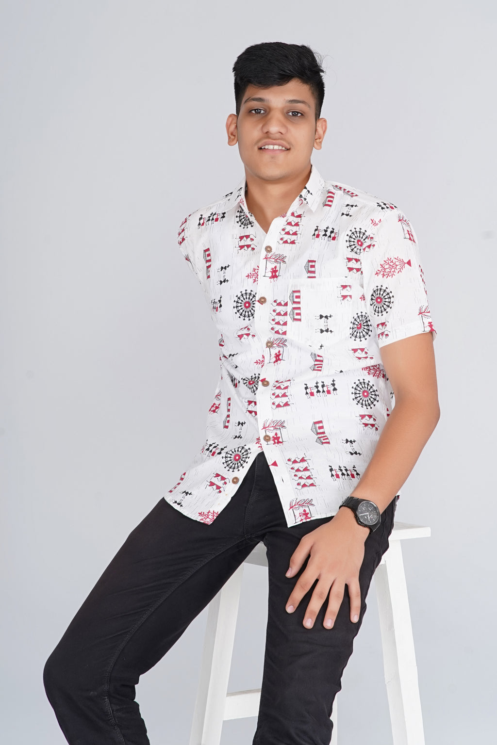 White Warli Art Half Sleeves Shirt