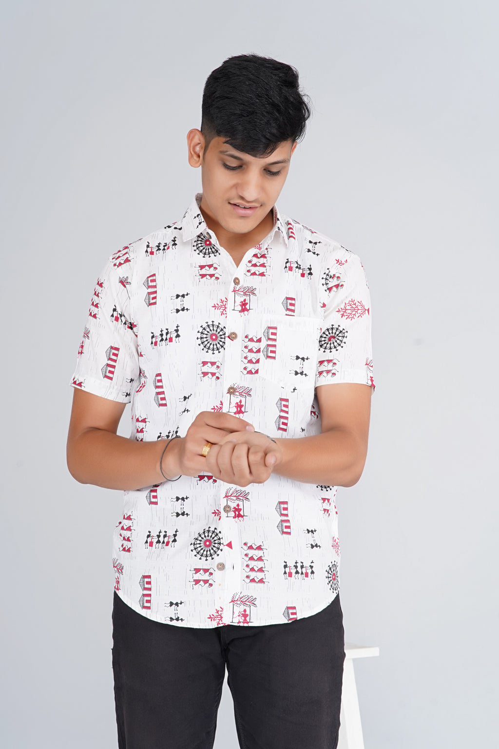 White Warli Art Half Sleeves Shirt