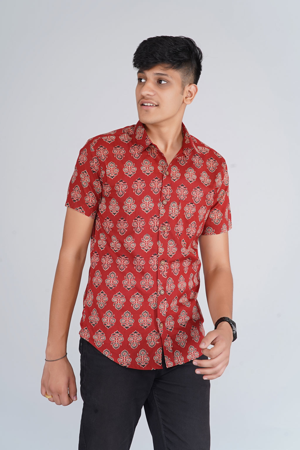 Maroon Ajrakh Butta Half Sleeves Shirt