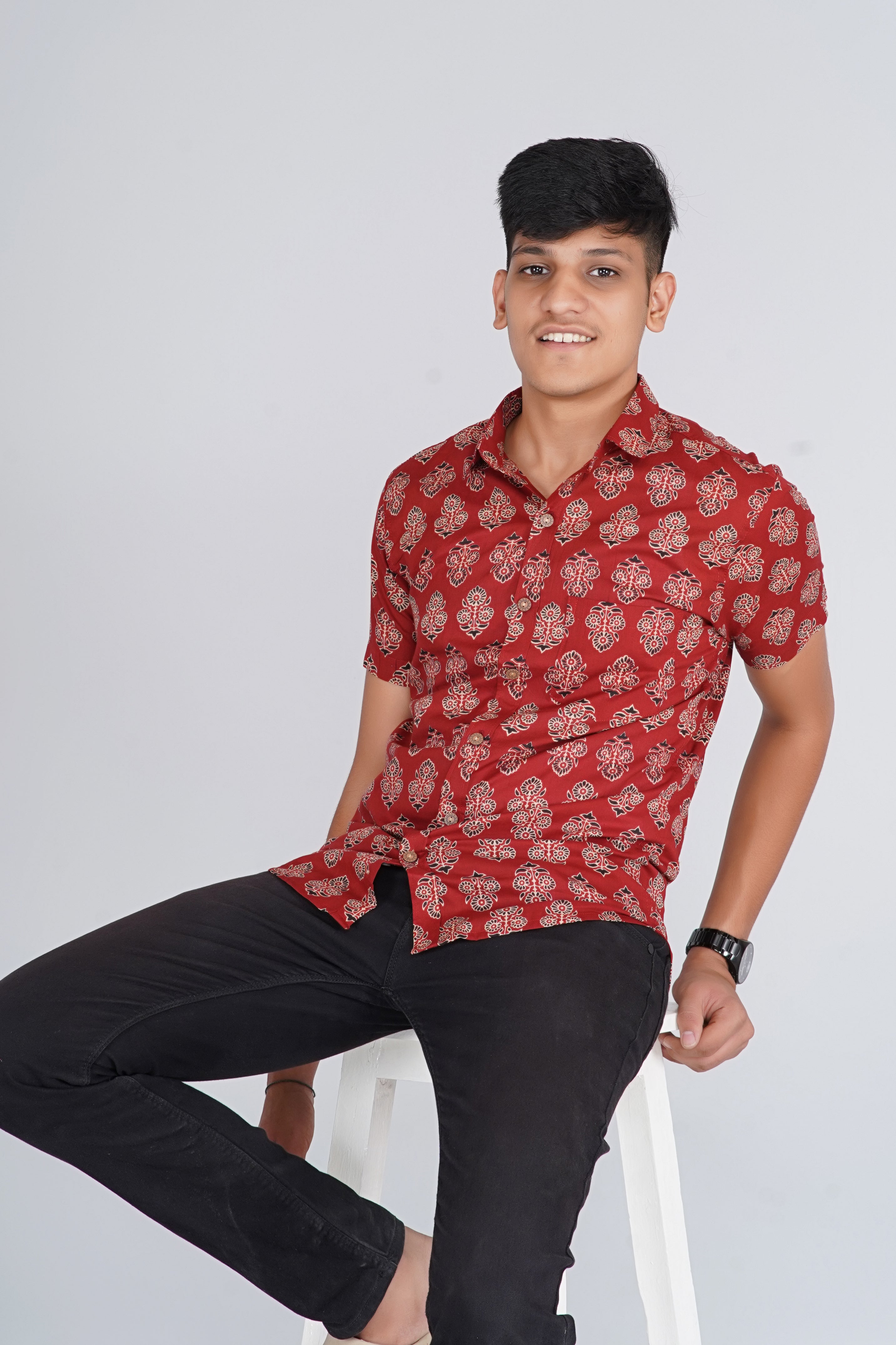 Maroon Ajrakh Butta Half Sleeves Shirt